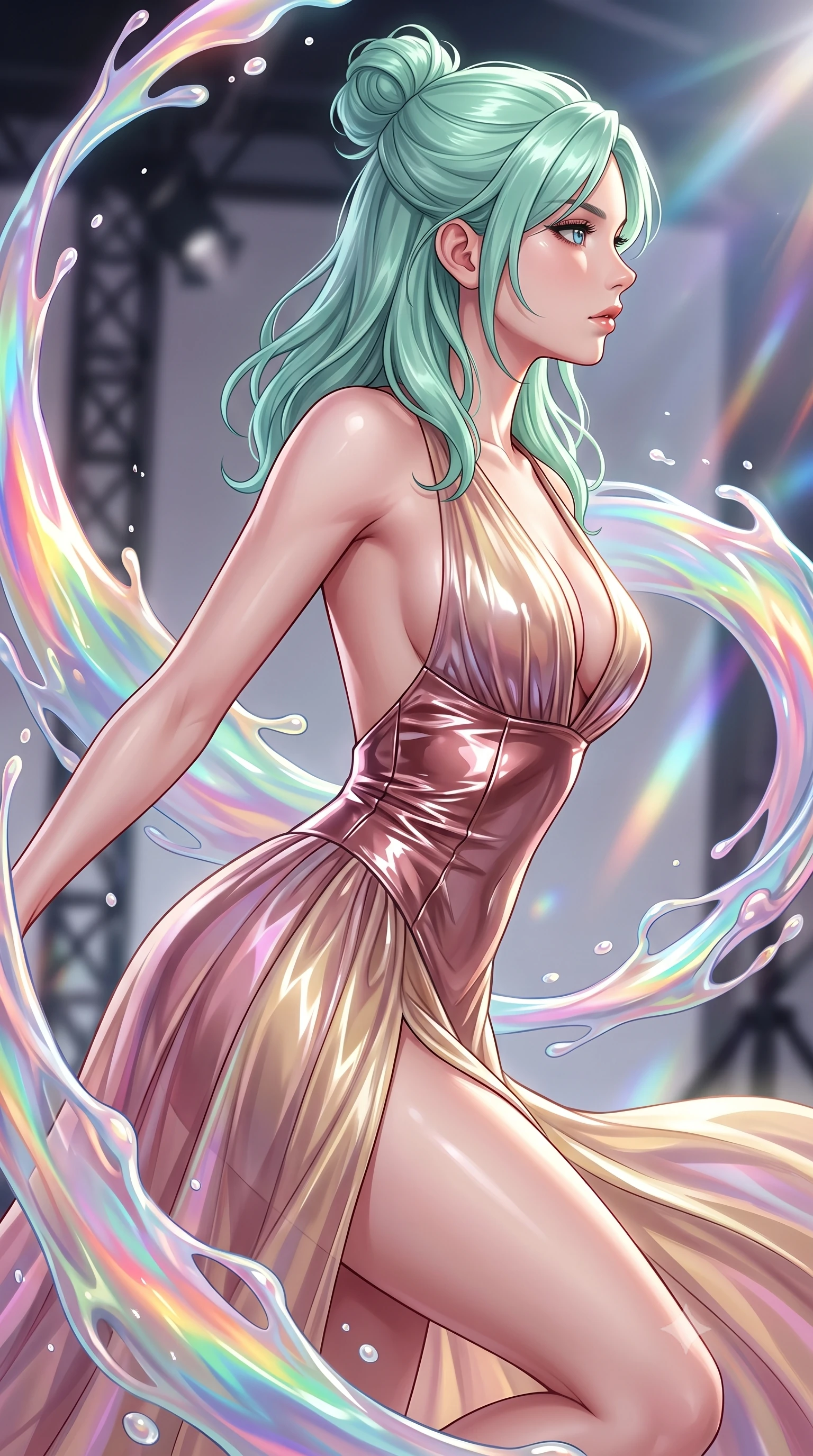 score_9, masterpiece, best quality, ultra-detailed, high-budget anime keyframe, editorial fashion photography, tasteful artistic composition, Japanese woman. close-up cowboy shot from the waist and thighs up, the character dominates the composition, filling the frame with her large presence, background elements kept in soft focus. Turning her face in sharp profile while her upper body leans forward with poised athletic grace while performing a dynamic mid-air rotation amidst swirling rainbow liquid acrylic splashes, viscous opal liquid trails swirling around her silhouette in fluid zero-gravity arcs. She has an exceptionally elegant, slender, and willowy female figure with an ultra-slim waist, a gracefully sculpted slender torso, and a refined silhouette. sharp v-shaped jawline, high-bridge nose, intricate jewel-like eyes with depth, thick eyelashes, glossy lips with a natural sheen, flawlessly proportioned anatomical accuracy, natural body alignment, perfectly sculpted elegant limbs, clean dynamic posture without body distortion. wearing a translucent iridescent chiffon gown with a plunging neckline and open back in dusty rose and champagne gold, tailored from high-gloss patent leather, finished with a sleek side slit ascending to mid-thigh, the glove-like fit emphasizing her statuesque silhouette during motion. illuminated by high-contrast studio spotlights with ultra-bright specular highlights. highly saturated vibrant anime colors, detailed shading with soft gradients, rich glossy textures, high-contrast stereoscopic depth, volumetric dynamic lighting, master piece, 9:16 ratio