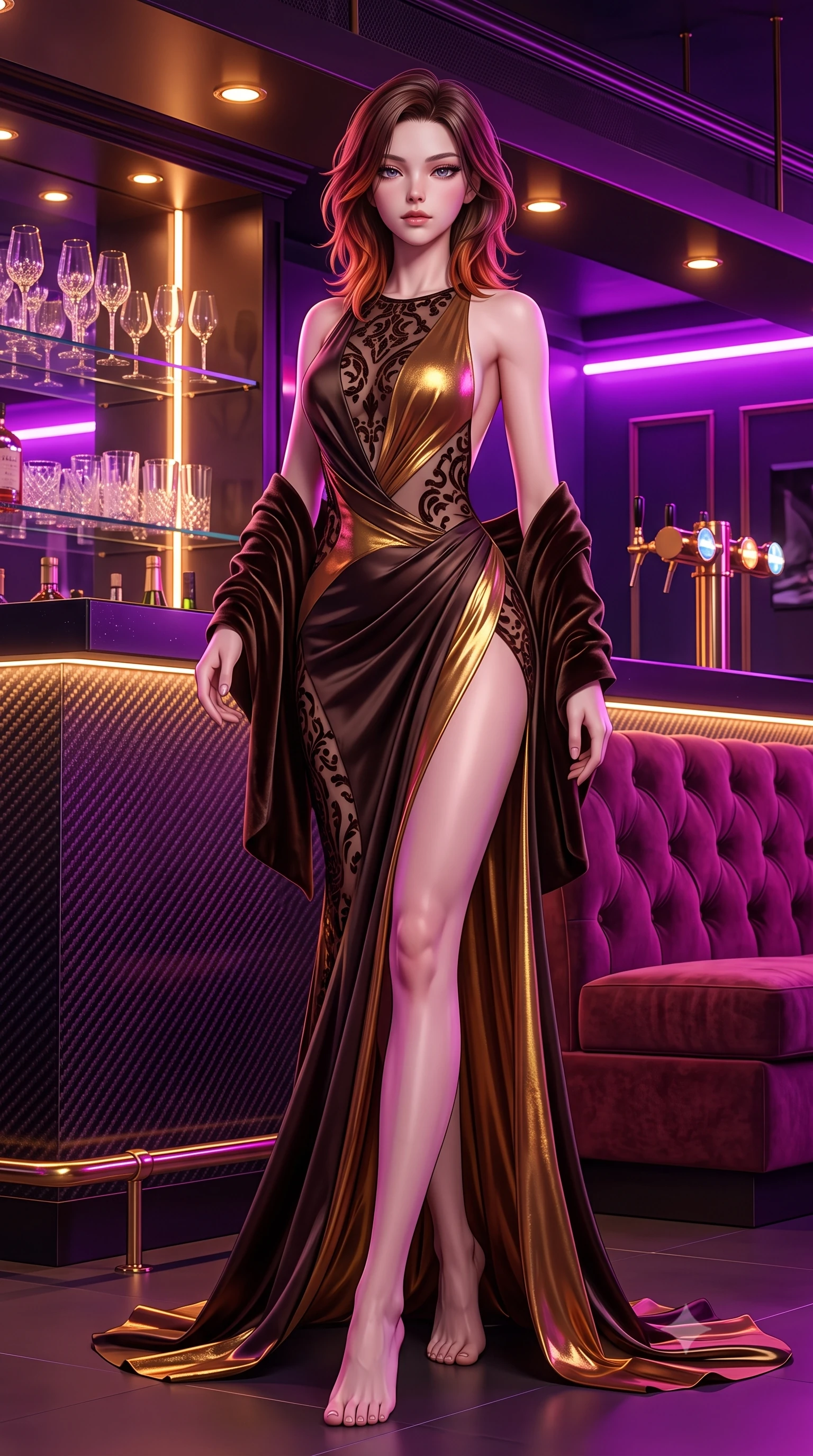 score_9, masterpiece, best quality, ultra-detailed, high-budget anime keyframe, semi-realistic 3D game render, editorial fashion photography, tasteful artistic composition, Korean woman. low angle full-body shot from head to toe showing her feet, filling the entire 9:16 vertical frame with her statuesque presence, stretching her vertical silhouette. striding forward in a proud supermodel runway stride, hips swaying in an alluring kinetic rhythm that accentuates her curvy hourglass silhouette while reclining on a tufted purple velvet circular booth propped on one elbow, her slender waist and curved hips sculpted by neon chiaroscuro. The surrounding environment is rendered in vivid detail and crisp panoramic clarity. sharp carbon-fiber bar counter reflections, crystal glass facets, and brass hardware in deep focus. She has an exceptionally tall and slender model-like 8.5-heads proportion, an ultra-slim waist, a flat toned midriff, narrow delicate ribcage, and beautifully sculpted feminine hips creating a graceful, slim hourglass silhouette without any bulky heaviness, with impossibly long slender legs. sharp v-shaped jawline, high-bridge nose, intricate jewel-like eyes with depth, thick eyelashes, glossy parted lips with a natural sheen, intensely captivating and seductive bedroom-eyes expression, flawlessly proportioned anatomical accuracy, strict slender model proportions, natural body alignment, perfectly sculpted long slender limbs, ultra-slim waistline, clean dynamic posture without body distortion. wearing an open-back duchess satin gala gown with a dramatic hip-hugging drape and cascading trailing hem in dark espresso brown and molten gold foil, made of sheer contouring power-mesh with velvet flocking patterns, complemented by a plush velvet shawl draped loosely over her elbows, the second-skin form-contouring cut accentuating her sculpted flat midriff, narrow delicate ribcage, and gracefully curvy hips with supermodel precision. bathed in rich magenta and electric violet neon light contrasting with warm amber bar downlights. highly saturated vibrant anime colors, detailed shading with soft gradients, rich glossy textures, high-contrast stereoscopic depth, volumetric dynamic lighting, master piece, 9:16 ratio