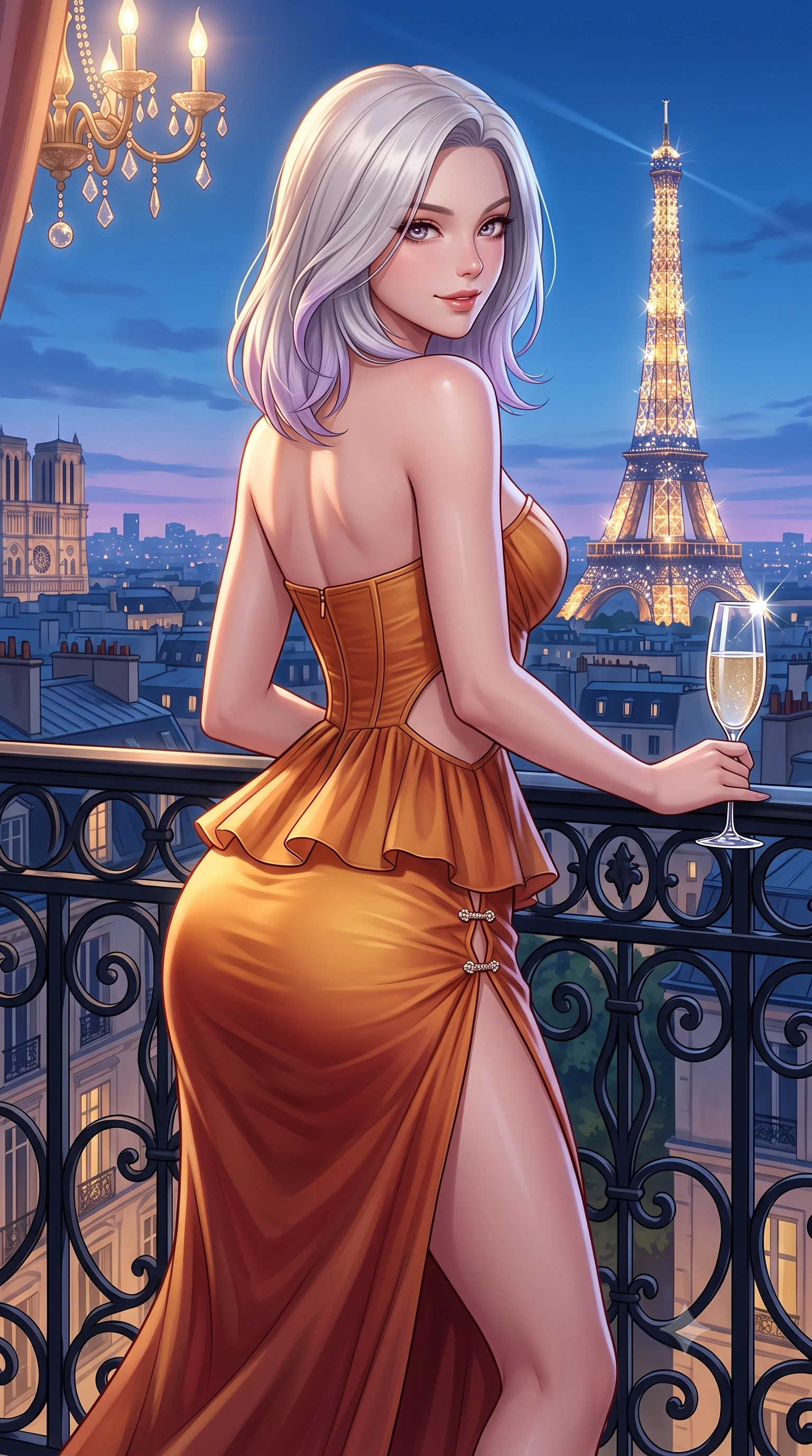 score_9, masterpiece, best quality, ultra-detailed, high-budget anime keyframe, semi-realistic 3D game render, editorial fashion photography, tasteful artistic composition, Caucasian woman. close-up cowboy shot from the waist and thighs up, the character dominates the composition, filling the frame with her large presence. turning over a bare shoulder with an intoxicating, teasing smile, her soft hair framing her sharp jawline as her hips angle gracefully while leaning against the ornate black wrought-iron balcony railing with hips cocked back, looking over her shoulder as the glittering Eiffel Tower sparkles in twilight. The surrounding environment is rendered in vivid detail and crisp panoramic clarity. detailed couture silk gown drape, champagne glass sparkle, and Parisian skyline clarity in high resolution. She has an exceptionally elegant, slender, and willowy female figure with an ultra-slim waist, flat toned midriff, narrow ribcage, and sculpted feminine hips creating an alluring, slim hourglass silhouette without bulk. sharp v-shaped jawline, high-bridge nose, intricate jewel-like eyes with depth, thick eyelashes, glossy parted lips with a natural sheen, intensely captivating and seductive bedroom-eyes expression, flawlessly proportioned anatomical accuracy, strict slender model proportions, natural body alignment, perfectly sculpted long slender limbs, ultra-slim waistline, clean dynamic posture without body distortion. wearing a modern peplum corset dress with side-waist diamond cutouts and an ultra-tight silhouette in molten desert gold and burnt terracotta, woven from layered gossamer chiffon with a weightless sweeping drape, finished with an ultra-high side slit secured by miniature jeweled clasps, the glove-like aerodynamic silhouette tightly following the natural contour of her hips and long slender legs with statuesque 8.5-heads elegance. bathed in romantic blue hour Parisian twilight contrasting with warm interior chandelier light. highly saturated vibrant anime colors, detailed shading with soft gradients, rich glossy textures, high-contrast stereoscopic depth, volumetric dynamic lighting, master piece, 9:16 ratio