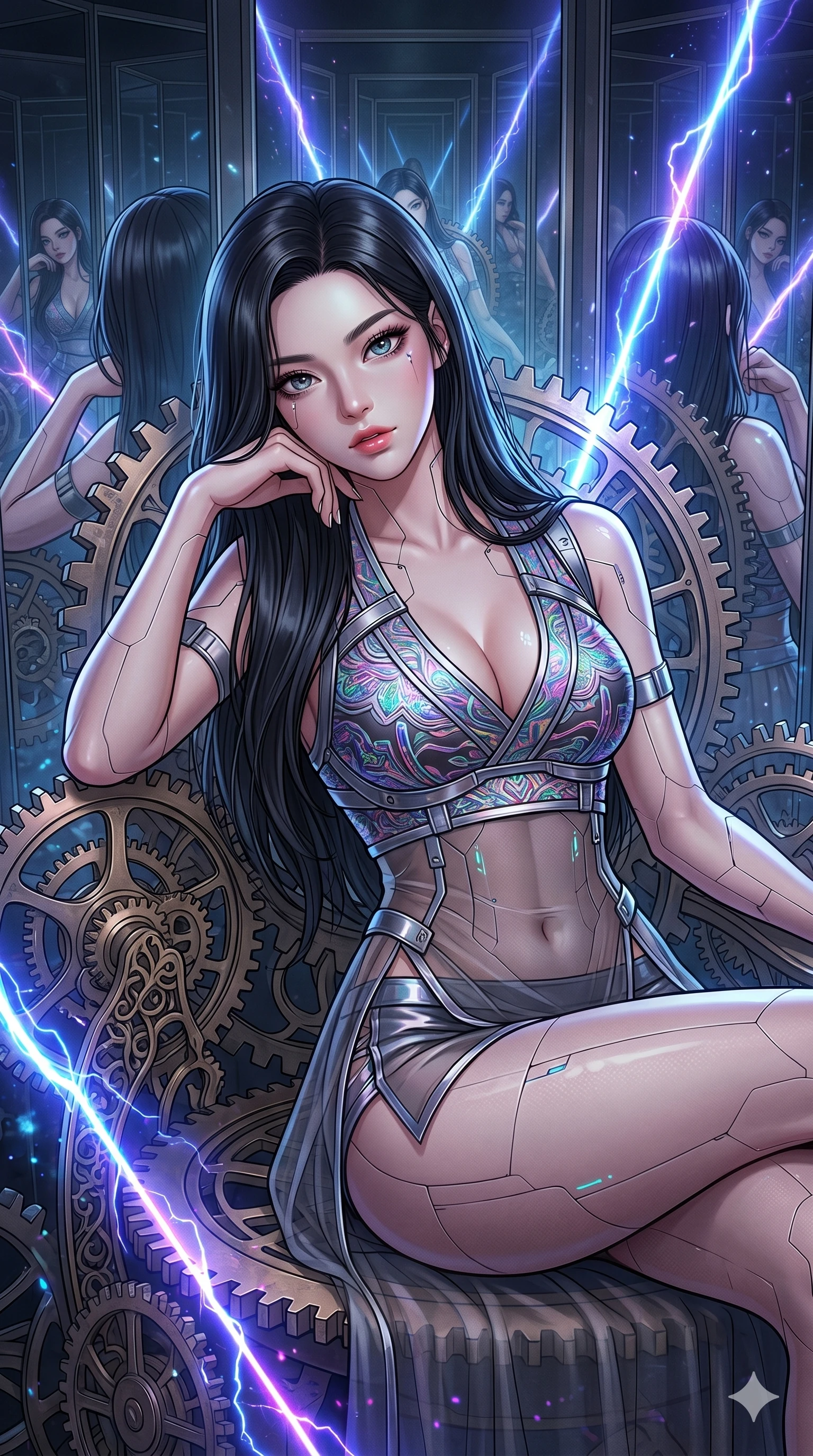 score_9, masterpiece, best quality, ultra-detailed, high-budget anime movie keyframe, cinematic anime lighting, intricate line art, Korean woman. Upper body filling screen focusing on her alluring features and slim-fit silhouette. resting on a throne of gears in a infinite mirror maze with lightning lasers. She has an absolutely perfect 8-heads proportion, an exceptionally tall and slender female figure with an ultra-slim waist and impossibly long slender legs. sharp v-shaped jawline, high-bridge nose, intricate jewel-like eyes, thick eyelashes, glossy lips. Wearing modernized deep-plunging silk hanbok-fusion with metallic straps, a high-slit sheer skirt over micro-shorts, and holographic embroidered patterns. The scene is illuminated by dramatic atmospheric lighting and vibrant color palettes. , 2k, ultra detail, master piece, 9:16 ratio