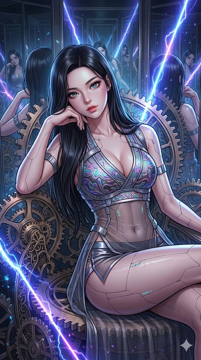 score_9, masterpiece, best quality, ultra-detailed, high-budget anime movie keyframe, cinematic anime lighting, intricate line art, Korean woman. Upper body filling screen focusing on her alluring features and slim-fit silhouette. resting on a throne