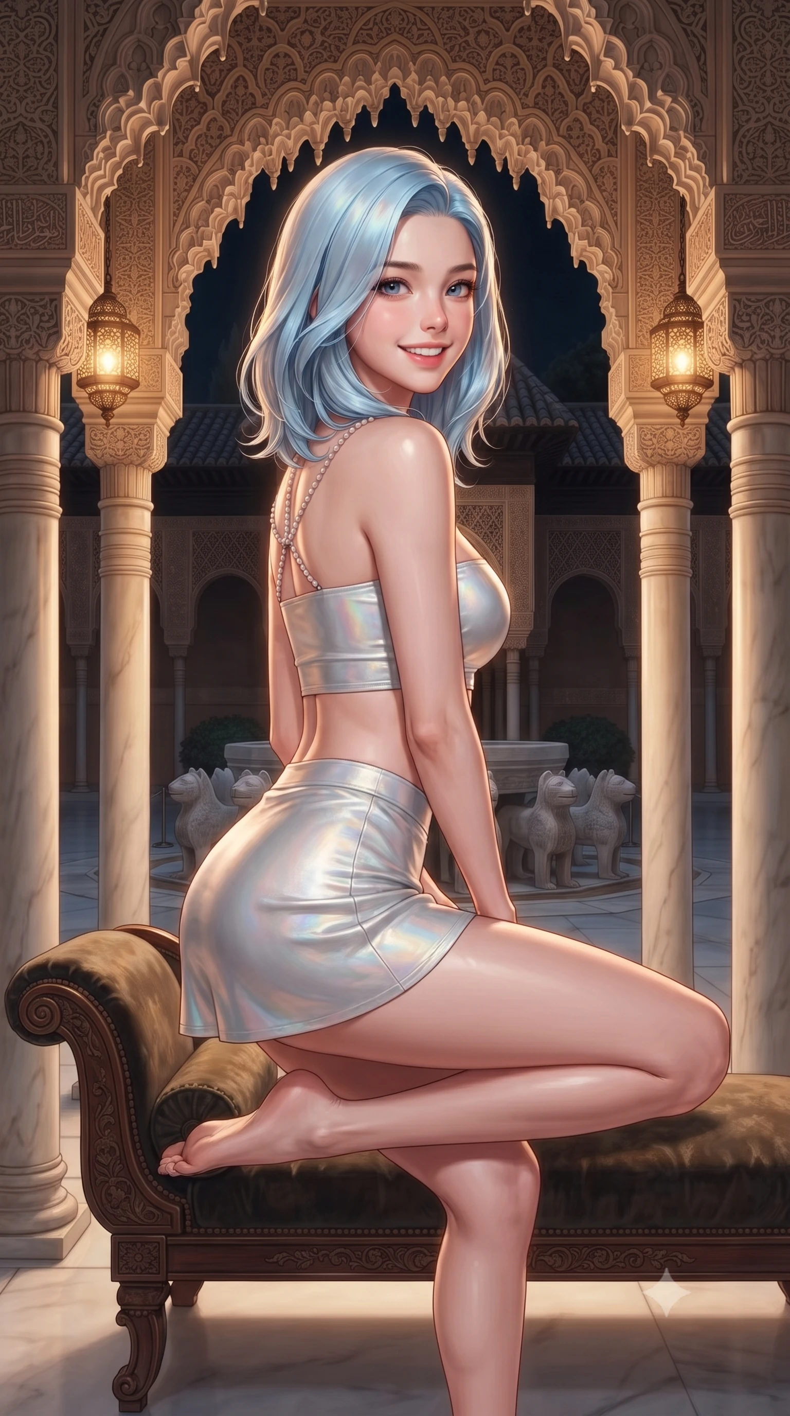 score_9, masterpiece, best quality, ultra-detailed, high-budget anime keyframe, editorial fashion photography, tasteful artistic composition, Korean woman. close-up cowboy shot from the waist and thighs up, the character dominates the composition, filling the frame with her large presence. perched sideways on the lounge seat, one knee drawn up to showcase her slender leg line while her arched back accentuates her feminine hip curve while standing poised between slender white marble columns beneath intricate carved muqarnas stalactite arches, arching her lower back with sovereign supermodel grace as moonlight illuminates the twelve stone lions of the fountain. The surrounding environment is rendered in vivid detail and crisp panoramic clarity: detailed fabric texture, gold metallic accents, and UNESCO heritage architectural relief in razor-sharp precision. She has an exceptionally elegant, slender, and willowy female figure with an ultra-slim waist, flat toned midriff, narrow ribcage, and sculpted feminine hips creating an alluring, slim hourglass silhouette without bulk. sharp v-shaped jawline, high-bridge nose, intricate jewel-like sparkling eyes with depth, thick eyelashes, glossy parted lips with a natural peach sheen, bright cheerful beaming smile with an enchanting and coquettish sensual glint, exuding both youthful cute charm and seductive allure, flawlessly proportioned anatomical accuracy, strict slender model proportions, natural body alignment, perfectly sculpted long slender limbs, ultra-slim waistline, clean dynamic posture without body distortion. wearing an ultra-cropped fitted bandeau top paired with a micro mini tennis skirt revealing her flat midriff in liquid molten silver and iridescent mother-of-pearl, woven from buttery-soft stretch lambskin leather adhering to her body like a second skin, accented with a pearl-drop body harness subtly framing her dewy collarbones and spine, the bespoke structured tailoring following the natural line of her 8.5-heads silhouette with refined elegance. bathed in the warm radiant 2600K amber illumination of antique pierced brass lanterns dimmed to an intimate evening glow. ultra-reflective glossy finish, specular highlights, rich textural contrasts, high-contrast stereoscopic depth, volumetric dynamic lighting, 2k, ultra detail, master piece, 9:16 ratio