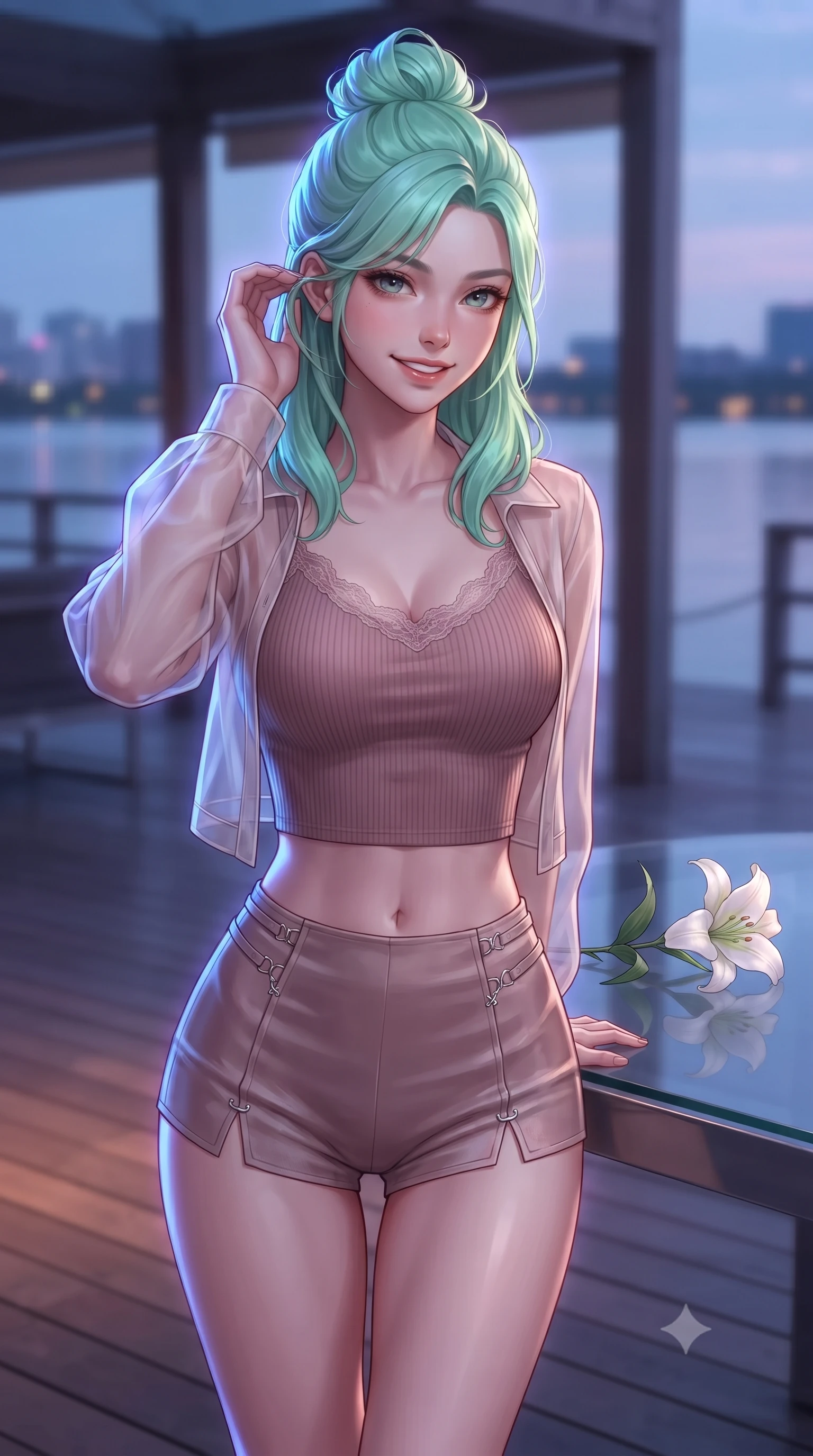 score_9, masterpiece, best quality, ultra-detailed, high-budget anime keyframe, editorial fashion photography, tasteful artistic composition, Japanese woman. close-up cowboy shot from the waist and thighs up, the character dominates the composition, filling the frame with her large presence, background elements kept in soft focus. flashing a warm, intoxicating grin while gently tucking a strand of hair behind her ear set against a soft-focus background of inside an exclusive lakeside pier with a single long-stemmed white lily resting against a polished glass surface. She has an exceptionally elegant, slender, and willowy female figure with an ultra-slim waist, a gracefully sculpted slender torso, and a refined silhouette. sharp v-shaped jawline, high-bridge nose, intricate jewel-like eyes with depth, thick eyelashes, glossy lips with a natural sheen. wearing slim-fit dusty rose ribbed cashmere delicate lace-trim crop top worn under a sheer organza cardigan with high-waist micro-shorts accented with delicate silver hardware. drenched in dramatic neon rim-lighting that traces the sleek contours of her figure. highly saturated vibrant anime colors, detailed shading with soft gradients, rich glossy textures, high-contrast stereoscopic depth, volumetric dynamic lighting, master piece, 9:16 ratio
