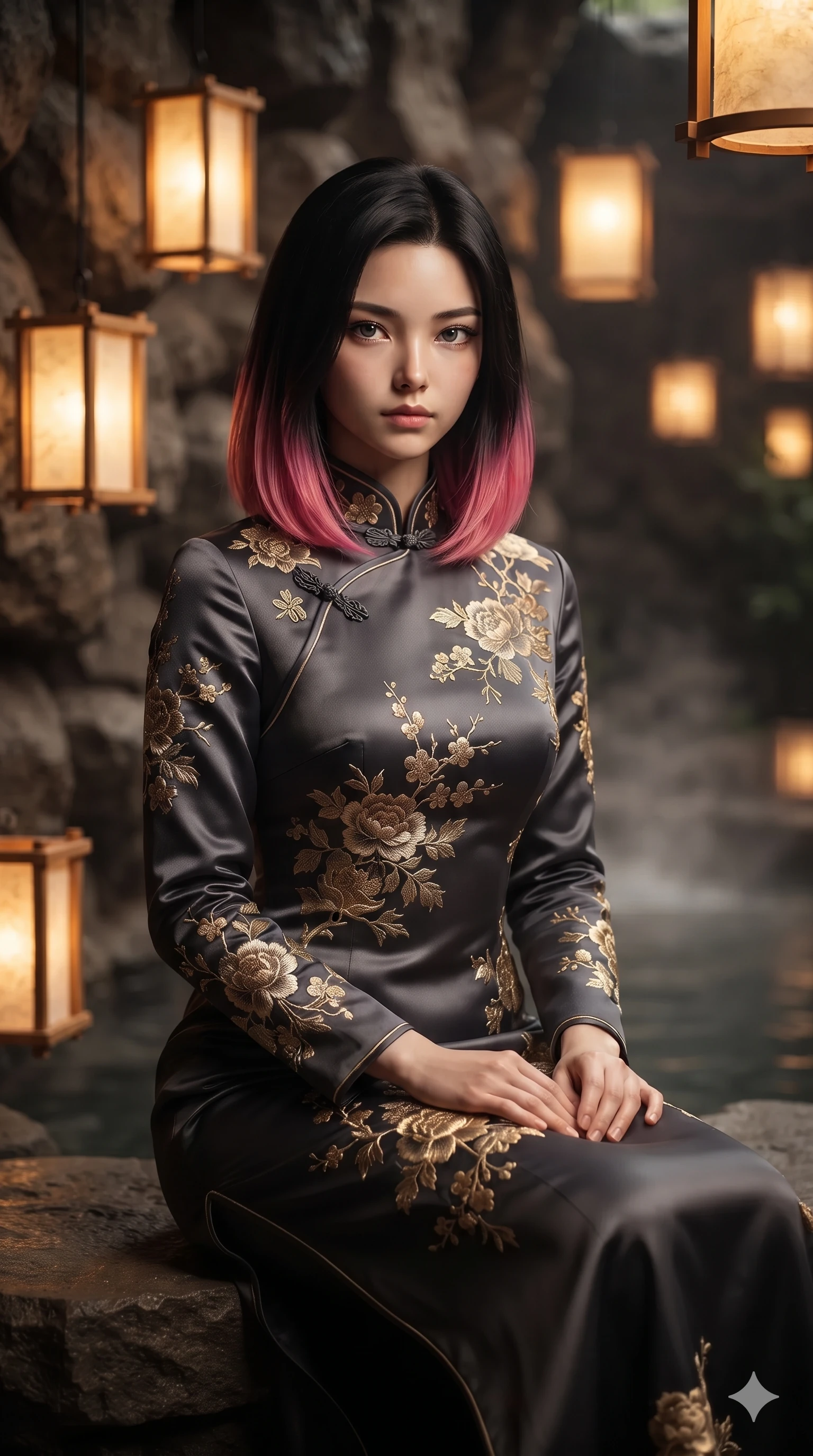 score_9, masterpiece, best quality, ultra-detailed, high-budget anime keyframe, editorial fashion photography, tasteful artistic composition, Korean woman. close-up cowboy shot from the waist and thighs up, the character dominates the composition, filling the frame with her large presence. perched sideways on the vintage settee, one knee drawn up to showcase her slender leg line while her arched back accentuates her feminine hip curve while sitting poised on the smooth stone pool coping with one knee bent, flashing an enchanting smile with parted glossy lips. The background shows a soft-focus subterranean spa humidity softened in basalt thermal grotto shallow focus. She has an exceptionally elegant, slender, and willowy female figure with an ultra-slim waist, flat toned midriff, narrow ribcage, and sculpted feminine hips creating an alluring, slim hourglass silhouette without bulk. sharp v-shaped jawline, high-bridge nose, intricate jewel-like sparkling eyes with depth, thick eyelashes, glossy parted lips with a natural sheen, intensely captivating and seductive bedroom-eyes expression, exuding both youthful cute charm and sovereign luxury allure, flawlessly proportioned anatomical accuracy, strict slender model proportions, natural body alignment, perfectly sculpted long slender limbs, ultra-slim waistline, clean dynamic posture without body distortion. wearing a prestigious high-neck long-sleeve silk cheongsam evening gown with modest silhouette and embroidered floral crests in shimmering silver mercury and pearl white, woven from high-density tech-wool with subtle metallic thread weave, finished with a minimalist chrome choker and a single teardrop diamond pendant, the bespoke structured tailoring following the natural line of her 8.5-heads silhouette with refined elegance. bathed in the rich, intimate 2400K golden radiance of floating washi paper lanterns and underwater pool glow. ultra-reflective glossy finish, specular highlights, rich textural contrasts, high-contrast stereoscopic depth, volumetric dynamic lighting, 2k, ultra detail, master piece, 9:16 ratio