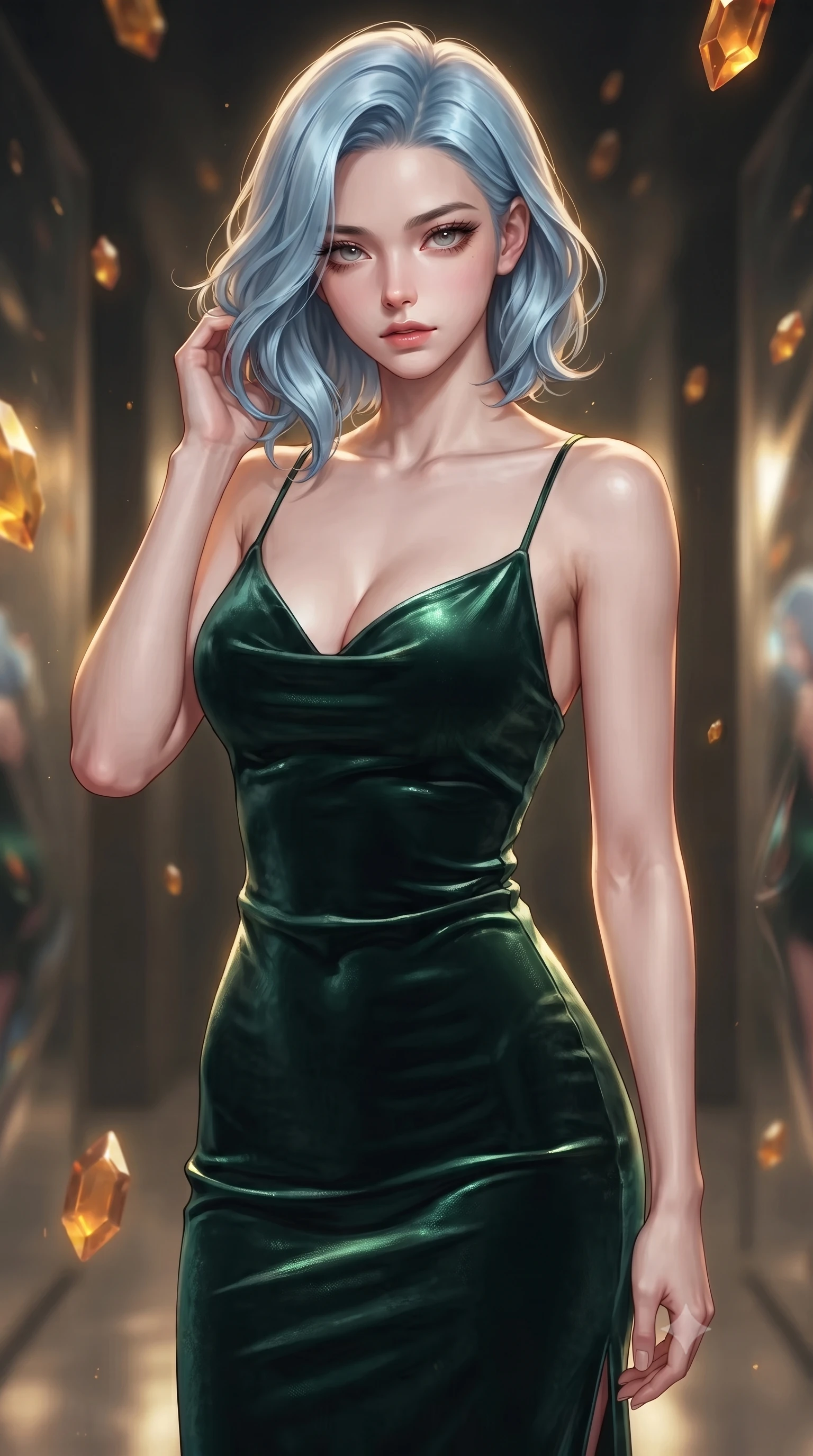 score_9, masterpiece, best quality, ultra-detailed, high-budget anime keyframe, editorial fashion photography, tasteful artistic composition, Korean woman woman. close-up cowboy shot from the waist and thighs up, the character dominates the composition, filling the frame with her large presence, background elements kept in soft focus. She has an exceptionally elegant, slender, and willowy female figure with an ultra-slim waist, a gracefully sculpted slender torso, and a refined silhouette. casting a slow, direct gaze beneath heavy lashes with magnetic intensity, flawlessly proportioned anatomical accuracy, natural body alignment, perfectly sculpted elegant limbs, clean dynamic posture without body distortion. set against a soft-focus background of a temporal corridor with floating amber time crystals. wearing a fitted dark emerald velvet slip dress with a smooth liquid sheen and delicate straps. bathed in golden temporal energy flares casting dramatic volumetric rim lighting. ultra-reflective glossy finish, specular highlights, metallic sheen, high-contrast stereoscopic depth, volumetric dynamic lighting, 2k, ultra detail, master piece, 9:16 ratio