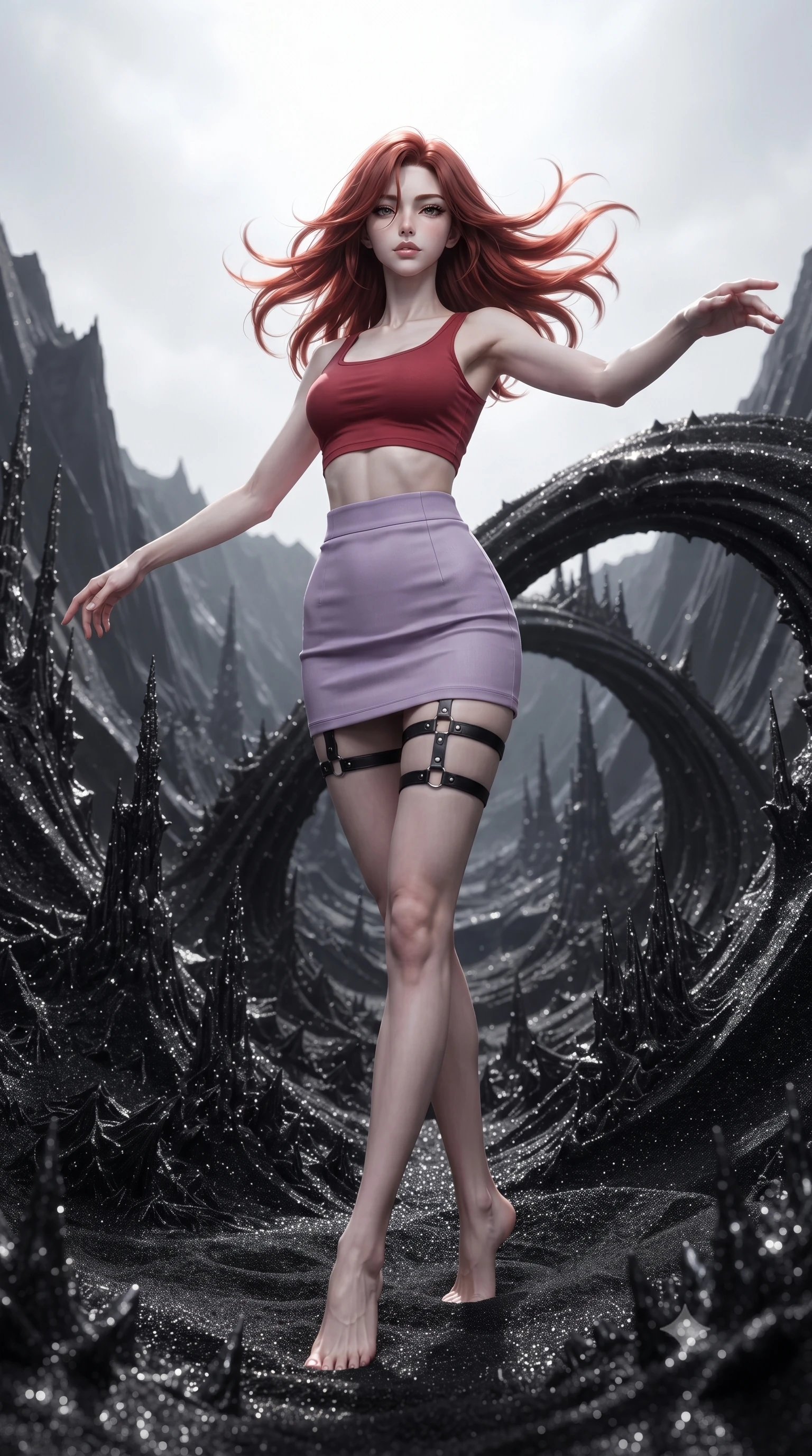score_9, masterpiece, best quality, ultra-detailed, high-budget anime keyframe, editorial fashion photography, tasteful artistic composition, Korean woman. low angle full-body shot from head to toe showing her feet, filling the entire 9:16 vertical frame with her statuesque presence, stretching her vertical silhouette. twirling with balletic elegance inside a valley filled with jet-black magnetic sand that rises in hypnotic patterns forming spires waves and impossible arching structures responding to unseen magnetic forces creating a landscape of dark geometric beauty. She has a statuesque 8.5-heads proportion, an exceptionally tall, slender and willowy model-like build with impossibly long legs and a highly sculpted ultra-slim waist. sharp v-shaped jawline, high-bridge nose, intricate jewel-like eyes with depth, thick eyelashes, glossy lips with a natural sheen. wearing a matte crimson crop top paired with matching high-waist lavender mini skirt and black leather thigh straps. stark high-contrast lighting with a bright overcast sky above creating sharp definition on the black sand formations with metallic specular highlights on the magnetite particles. 2k, ultra detail, master piece, 9:16 ratio