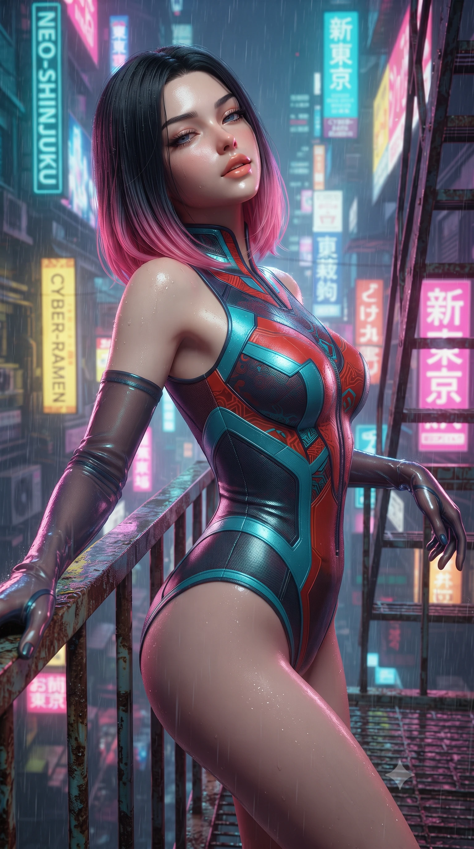 score_9, masterpiece, best quality, ultra-detailed, high-budget anime keyframe, editorial fashion photography, tasteful artistic composition, Korean woman. close-up cowboy shot from the waist and thighs up, the character dominates the composition, filling the frame with her large presence. leaning back against the balustrade with relaxed seductive grace, head tilted back slightly while casting a hypnotic, heavy-lidded gaze while standing poised on the rain-slicked fire escape gantry suspended over the 50-story neon canyon of Neo-Shinjuku, arching her lower back with mysterious siren grace as acid rain sizzles on neon signs. The background shows a soft-focus fine acid rain mist softened in cyberpunk Shinjuku alley canyon shallow focus. She has an exceptionally elegant, slender, and willowy female figure with an ultra-slim waist, flat toned midriff, narrow ribcage, and sculpted feminine hips creating an alluring, slim hourglass silhouette without bulk. sharp v-shaped jawline, high-bridge nose, intricate jewel-like sparkling eyes with depth, thick eyelashes, glossy parted lips with a natural peach sheen, bright cheerful beaming smile with an enchanting and coquettish sensual glint, exuding both youthful cute charm and seductive allure, flawlessly proportioned anatomical accuracy, strict slender model proportions, natural body alignment, perfectly sculpted long slender limbs, ultra-slim waistline, clean dynamic posture without body distortion. wearing an ultra-sleek second-skin tactical combat bodysuit made of liquid-gloss neoprene with reinforced ribcage contouring seams hugging her hourglass figure in cyber-shinto vermilion and laser turquoise, tailored from high-density tech-wool with subtle metallic thread weave, complemented by sheer opera-length evening gloves tracing her slender arms, the bespoke structured tailoring following the natural line of her 8.5-heads silhouette with refined elegance. bathed in multi-colored ambient neon reflections from towering holographic advertisements mixed with cool rain reflections. ultra-reflective glossy finish, specular highlights, rich textural contrasts, high-contrast stereoscopic depth, volumetric dynamic lighting, 2k, ultra detail, master piece, 9:16 ratio