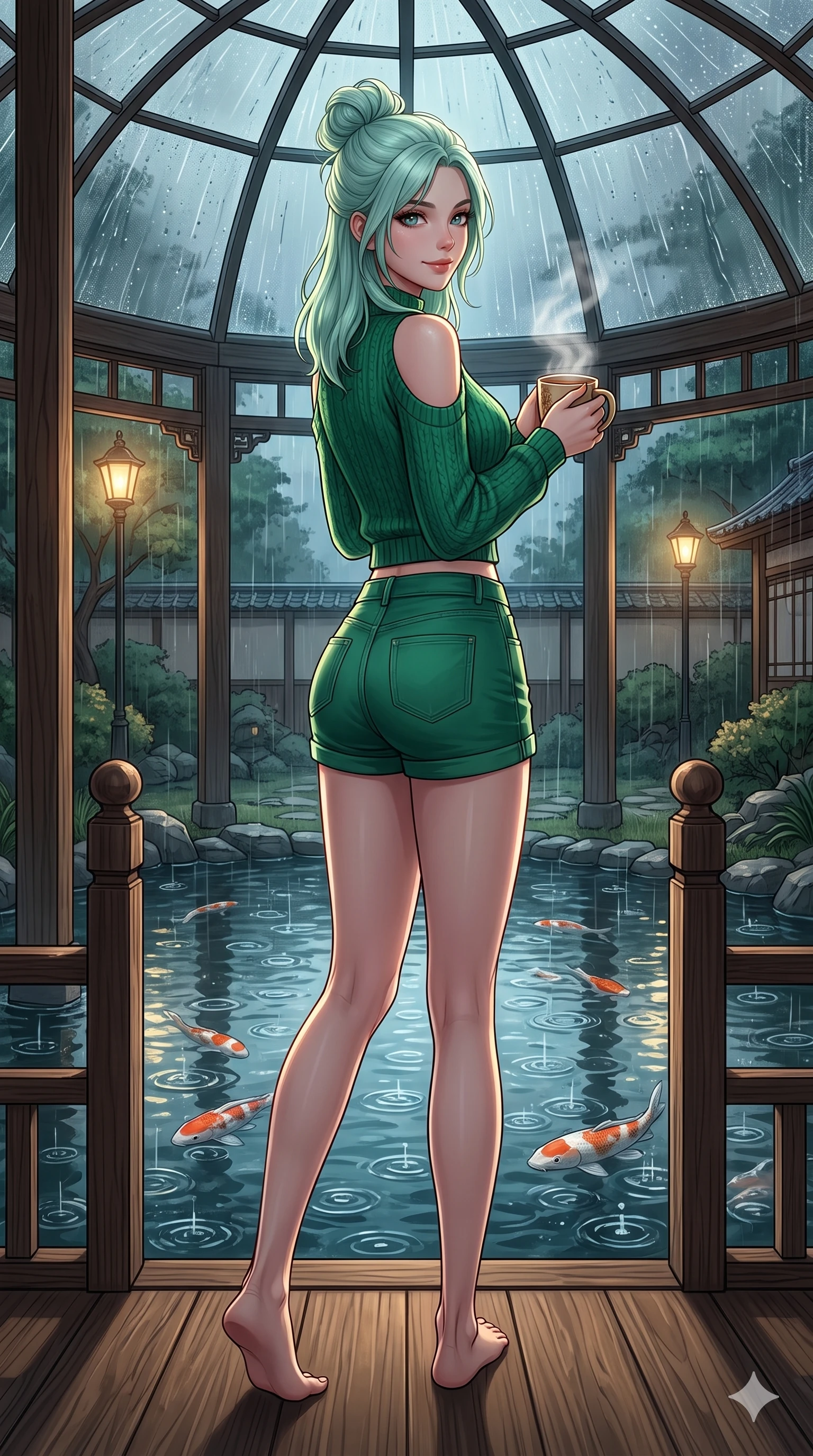 score_9, masterpiece, best quality, ultra-detailed, high-budget anime keyframe, vibrant anime aesthetic, Japanese woman. low angle full-body shot from head to toe showing her feet, filling the entire 9:16 vertical frame with her statuesque presence, stretching her vertical silhouette. She is holding a warm mug of tea, looking at the camera with a gentle smile, looking over her shoulder at the camera under the glass conservatory dome. on a wooden veranda of a traditional garden pavilion, watching rain ripples in a large koi pond (Code-P22-055). She has an absolutely perfect 8-heads proportion, an exceptionally tall and slender female figure with impossibly long slender legs and an ultra-slim waist. V-shaped jawline, high-bridge nose, intricate jewel-like eyes with depth, thick eyelashes, glossy lips with a natural sheen. wearing a cold-shoulder knit top with a cropped waistline and denim shorts in emerald green. She is lit by dramatic, high-contrast streetlights casting long shadows in the rain, adding depth to her jewel-like eyes in the cozy indoor garden. 2k, ultra detail, master piece, 9:16 ratio