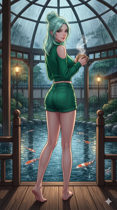 score_9, masterpiece, best quality, ultra-detailed, high-budget anime keyframe, vibrant anime aesthetic, Japanese woman. low angle full-body shot from head to toe showing her feet, filling the entire 9:16 vertical frame with her statuesque presence, 