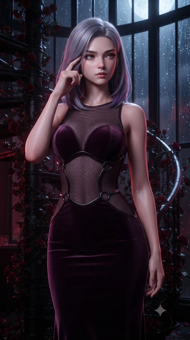 score_9, masterpiece, best quality, ultra-detailed, high-budget anime keyframe, editorial fashion photography, tasteful artistic composition, Caucasian woman. close-up cowboy shot from the waist and thighs up, the character dominates the composition, filling the frame with her large presence, background elements kept in soft focus. Pressing two fingers to her temple in a composed, sharp thoughtful gesture, poised before a dark iron spiral staircase wrapped in dark red rose vines, rain droplets streaming down dark glass panes glinting under silver moon rays. She has an exceptionally elegant, slender, and willowy female figure with an ultra-slim waist, a gracefully sculpted slender torso, and a refined silhouette. sharp v-shaped jawline, high-bridge nose, intricate jewel-like eyes with depth, thick eyelashes, glossy lips with a natural sheen. wearing sculpted form-fitting dark velvet column gown in pitch black in dark plum violet, made of fine dark contouring mesh, trimmed with dark chrome ring hardware along the waist contours, the fitted fabric emphasizing her ultra-slim waist. bathed in rich dark crimson tones and deep pitch-black ambient shadows. highly saturated vibrant anime colors, detailed shading with soft gradients, rich glossy textures, high-contrast stereoscopic depth, volumetric dynamic lighting, master piece, 9:16 ratio