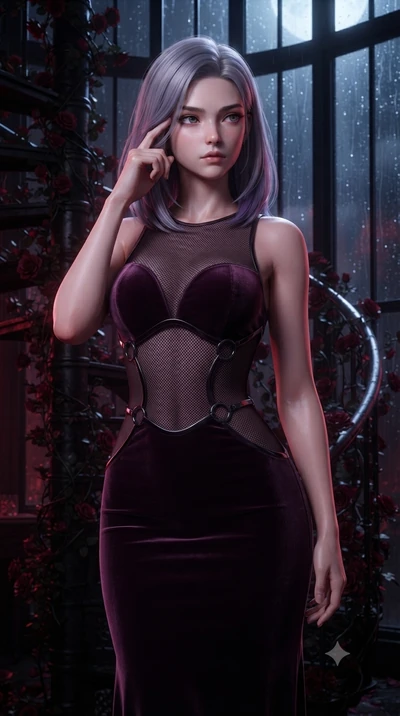 score_9, masterpiece, best quality, ultra-detailed, high-budget anime keyframe, editorial fashion photography, tasteful artistic composition, Caucasian woman. close-up cowboy shot from the waist and thighs up, the character dominates the composition,