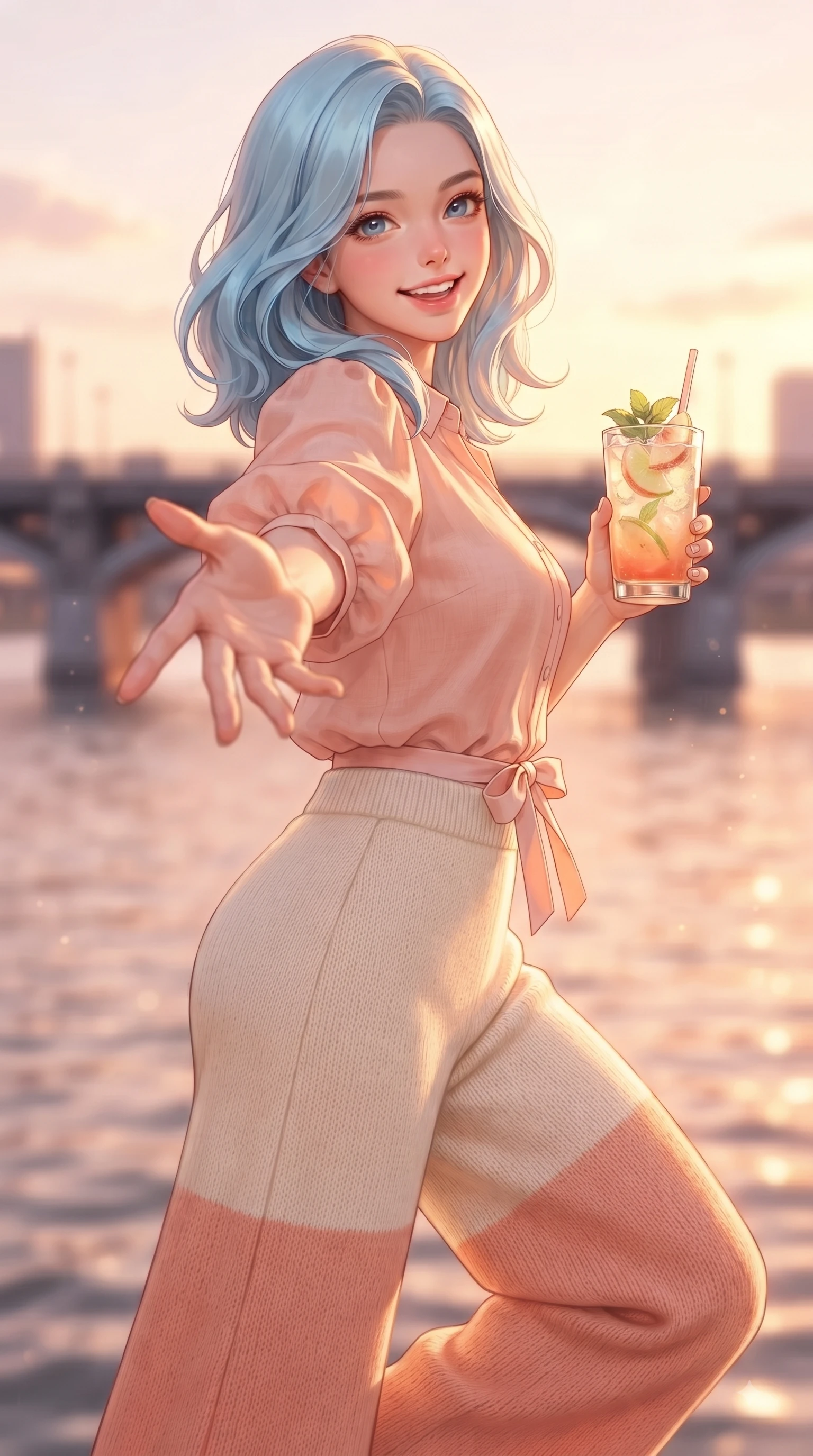 score_9, masterpiece, best quality, ultra-detailed, high-budget anime keyframe, editorial fashion photography, tasteful artistic composition, Korean woman. close-up cowboy shot from the waist and thighs up, the character dominates the composition, filling the frame with her large presence. Youthful bright smile exuding pure cute charm and fresh energy, her torso turning dynamically into the lens while reaching one hand out playfully toward the camera holding a refreshing fruit drink with a sweet grin. The composition keeps background elements in soft focus with dreamy bokeh. rose-gold river reflections and distant city bridges blurred into warm golden evening bokeh. She has an exceptionally elegant, slender, and willowy female figure with an ultra-slim waist, a gracefully sculpted slender torso, and a refined silhouette. sharp v-shaped jawline, high-bridge nose, intricate jewel-like eyes with depth, thick eyelashes, glossy lips with a natural sheen, flawlessly proportioned anatomical accuracy, natural body alignment, perfectly sculpted elegant limbs, clean dynamic posture without body distortion. wearing an elegant pastel linen blouse with puff sleeves and high-waisted wide-leg trousers in warm coral pink and champagne ivory, knitted from soft cozy cashmere yarn, accented with a dainty waist ribbon bow, the chic real-way fashion cut emphasizing her effortless charm. bathed in glorious golden hour sunset sunbeams and warm amber sky radiance. ultra-reflective glossy finish, specular highlights, metallic sheen, high-contrast stereoscopic depth, volumetric dynamic lighting, 2k, ultra detail, master piece, 9:16 ratio