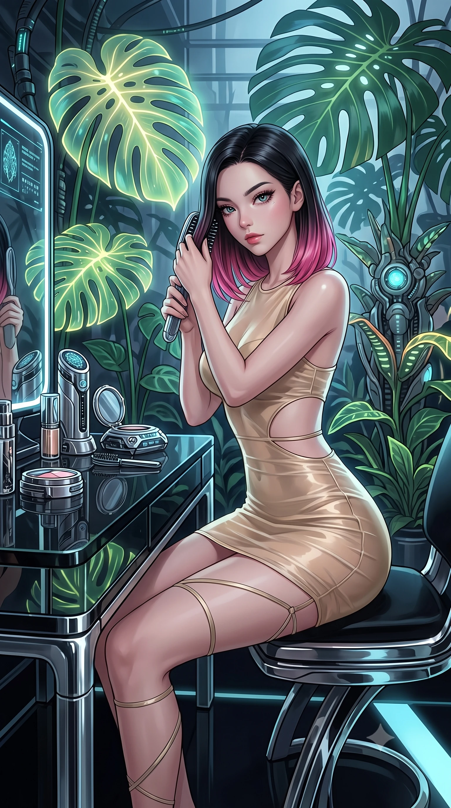 score_9, masterpiece, best quality, ultra-detailed, High-budget Anime Keyframe, East Asian woman. Low angle cowboy shot filling the entire 9:16 frame with her statuesque presence. Scenario 406: brushing her hair while seated before a vanity of black glass in a cybernetic greenhouse filled with giant glowing tropical leaves. Her presence is magnetic and overpowering in this high-budget anime scene. Outfit 406: a body-hugging champagne gold sheer organza mini dress with strategic waist cut-outs and slender leg straps. The clothing is designed to emphasize her exceptionally tall and slender 8-heads proportion. 8-heads proportion, towering silhouette, ultra-slim waist. sharp v-shaped jawline, intricate jewel-like eyes with depth, thick eyelashes, glossy lips. 2k, ultra detail, master piece, 9:16 ratio