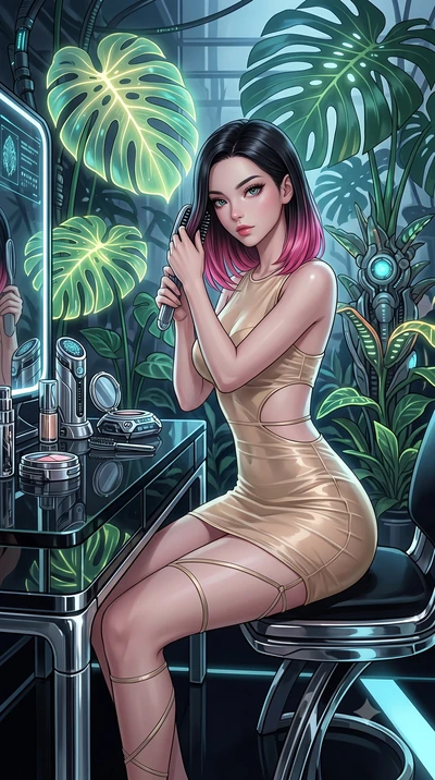 score_9, masterpiece, best quality, ultra-detailed, High-budget Anime Keyframe, East Asian woman. Low angle cowboy shot filling the entire 9:16 frame with her statuesque presence. Scenario 406: brushing her hair while seated before a vanity of black 