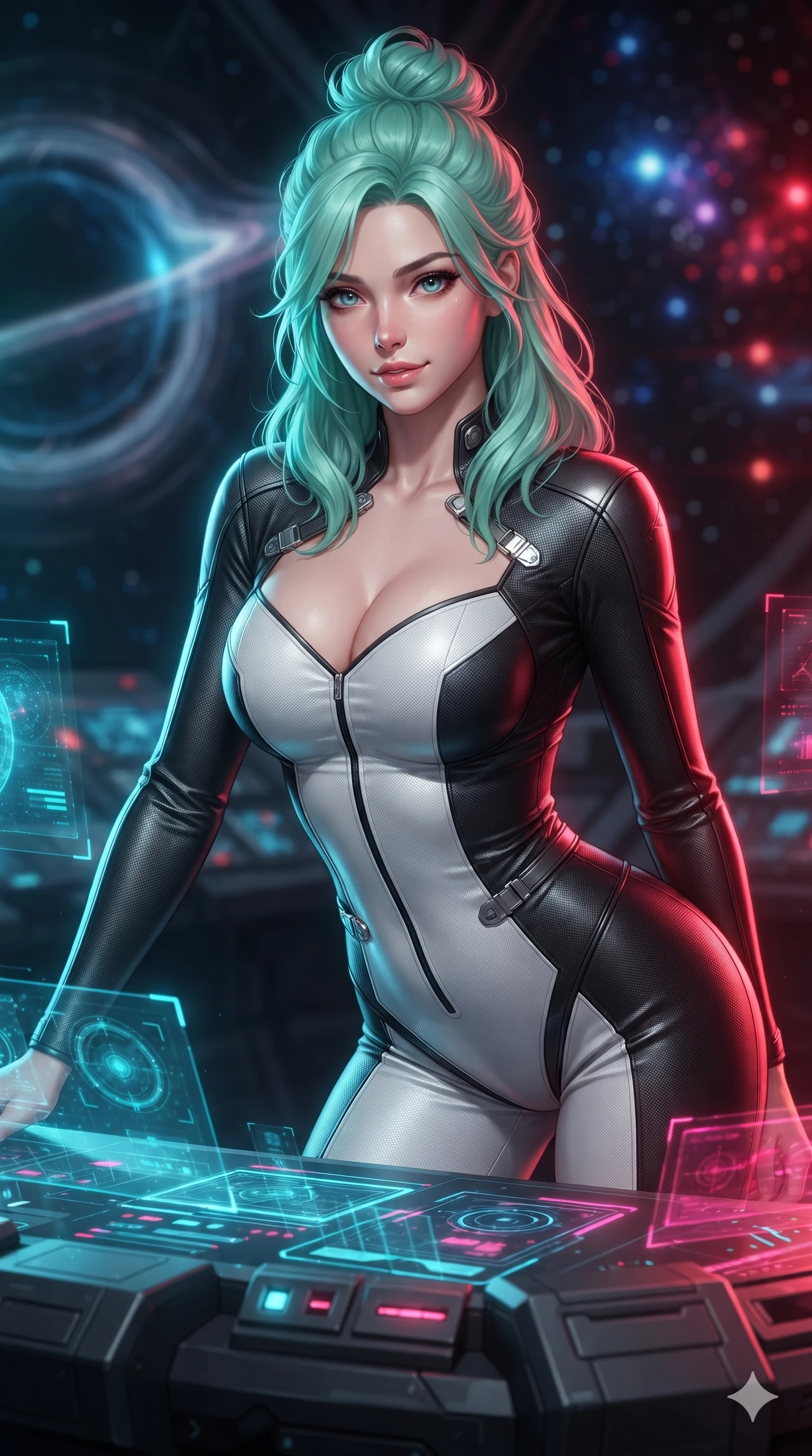 score_9, masterpiece, best quality, ultra-detailed, high-budget anime keyframe, editorial fashion photography, tasteful artistic composition, Japanese woman. close-up cowboy shot from the waist and thighs up, the character dominates the composition, filling the frame with her large presence. leaning forward over the holographic console while arching her lower back to accentuate her curvy hips, looking into the camera with an intoxicating smoldering bedroom-gaze while standing poised on the central instrumentation dais, arching her spine with sovereign ancient-future grace as relativistic blue-shifted light on one side and red-shifted light on the other illuminate her body. The background shows a soft-focus warped gravitational lensing rings, blue and crimson Doppler-shifted plasma waves, and distant star clusters blurred into sapphire, ruby, and obsidian bokeh. She has an exceptionally elegant, slender, and willowy female figure with an ultra-slim waist, flat toned midriff, narrow ribcage, and sculpted feminine hips creating an alluring, slim hourglass silhouette without bulk. sharp v-shaped jawline, high-bridge nose, intricate jewel-like sparkling eyes with depth, thick eyelashes, glossy parted lips with a natural sheen, bright confident smile with an enchanting and coquettish sensual glint, exuding both youthful magnetic charm and sovereign high-tech allure, flawlessly proportioned anatomical accuracy, strict slender model proportions, natural body alignment, perfectly sculpted long slender limbs, ultra-slim waistline, clean dynamic posture without body distortion. wearing a dense tactical compression bodysuit with sweetheart neckline contouring her delicate ribcage and feminine hips in dual-tone high-contrast monochrome black and stark white, made of flexible bullet-resistant ballistic microfiber with high-tensile strength, finished with high-tension magnetic quick-release clasps glinting along her collarbones, the liquid-tight tailored fabric clinging flawlessly to her narrow waist and rounded feminine hips, emphasizing every millimeter of her sculpted slim hourglass curves without any bulky heaviness. bathed in dramatic split relativistic lighting: blazing electric cyan on the approaching side and fiery crimson on the receding side. ultra-reflective glossy finish, specular highlights, rich textural contrasts, high-contrast stereoscopic depth, volumetric dynamic lighting, 2k, ultra detail, master piece, 9:16 ratio