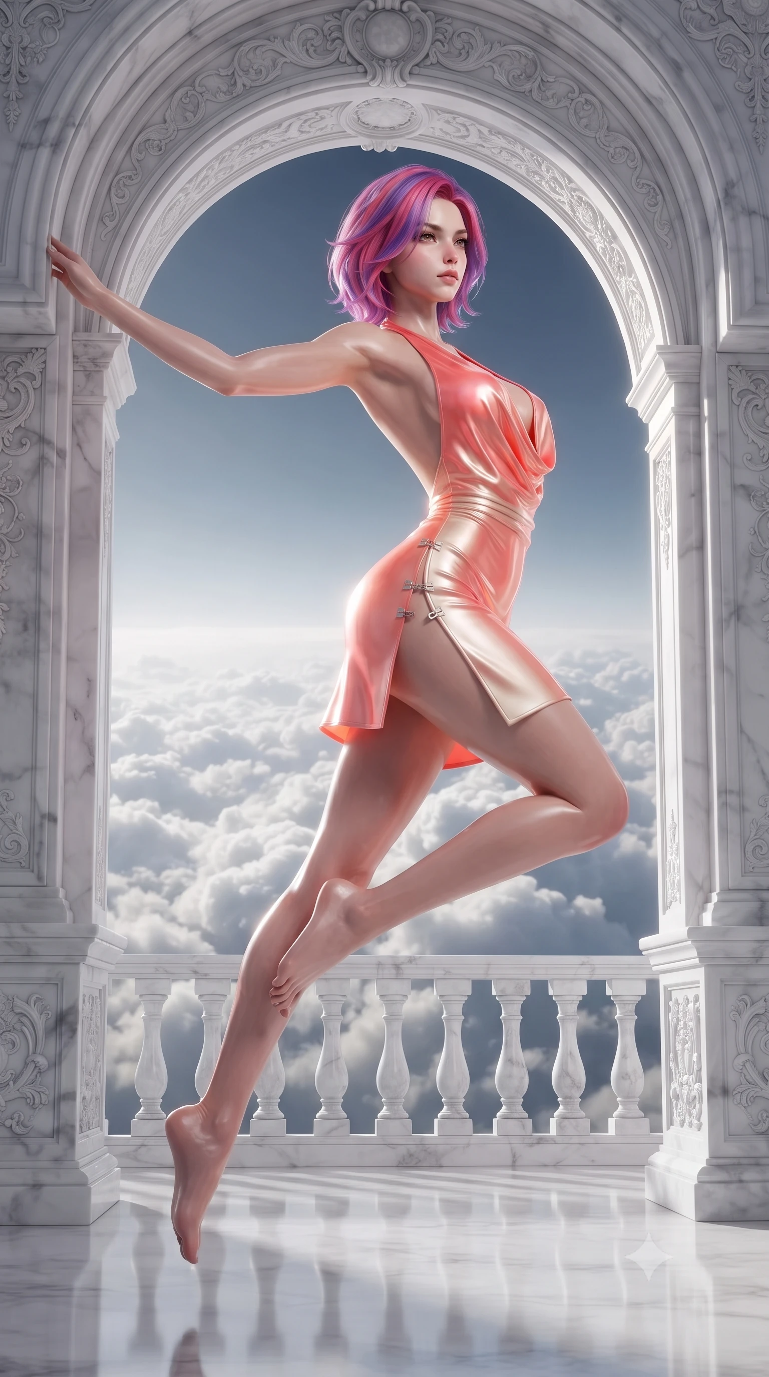 score_9, masterpiece, best quality, ultra-detailed, high-budget anime keyframe, editorial fashion photography, tasteful artistic composition, Caucasian woman. low angle full-body shot from head to toe showing her feet, filling the entire 9:16 vertical frame with her statuesque presence, stretching her vertical silhouette. leaping through mid-air with an athletic yet alluring arch of her spine, her impossibly long slender legs stretched in flawless poise while leaning seductively against a soaring marble arch with a regal, smoldering gaze overlooking the cloud horizon. The surrounding environment is rendered in vivid detail and crisp panoramic clarity. crisp white marble balustrade carvings, polished floor reflections, and detailed cloud bank textures in deep focus. She has an absolutely perfect, statuesque 8.5-heads proportion, an exceptionally tall and slender model-like female figure with impossibly long slender legs, a toned flat midriff, and an ultra-slim waist. sharp v-shaped jawline, high-bridge nose, intricate jewel-like eyes with depth, thick eyelashes, glossy lips with a natural sheen, flawlessly proportioned anatomical accuracy, strict slender model proportions, natural body alignment, perfectly sculpted long slender limbs, ultra-slim waistline, clean dynamic posture without body distortion. wearing a form-contouring liquid satin halter-neck mini dress with a deep crossover cowl front, open back, and ultra-slender waist drape in radiant coral pink and champagne ivory, tailored from semi-translucent cybernetic vinyl with glowing micro-filaments, finished with an ultra-high side slit secured by miniature magnetic clasps, the sleek second-skin cut tightly hugging her graceful clavicle, narrow waist, and feminine curves with athletic precision. illuminated by crisp starlight rim highlights sharply outlining her ultra-slim waist and long legs. ultra-reflective glossy finish, specular highlights, metallic sheen, high-contrast stereoscopic depth, volumetric dynamic lighting, 2k, ultra detail, master piece, 9:16 ratio
