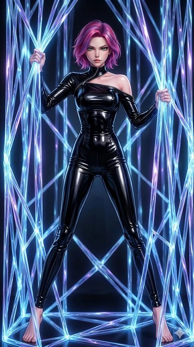 score_9, masterpiece, best quality, ultra-detailed, High-budget Anime Keyframe, East Asian woman. Dynamic full-body shot stretching the vertical silhouette to the limit. Scenario 62: Trapped in a cage of glowing crystalline fibers, body pressing agai