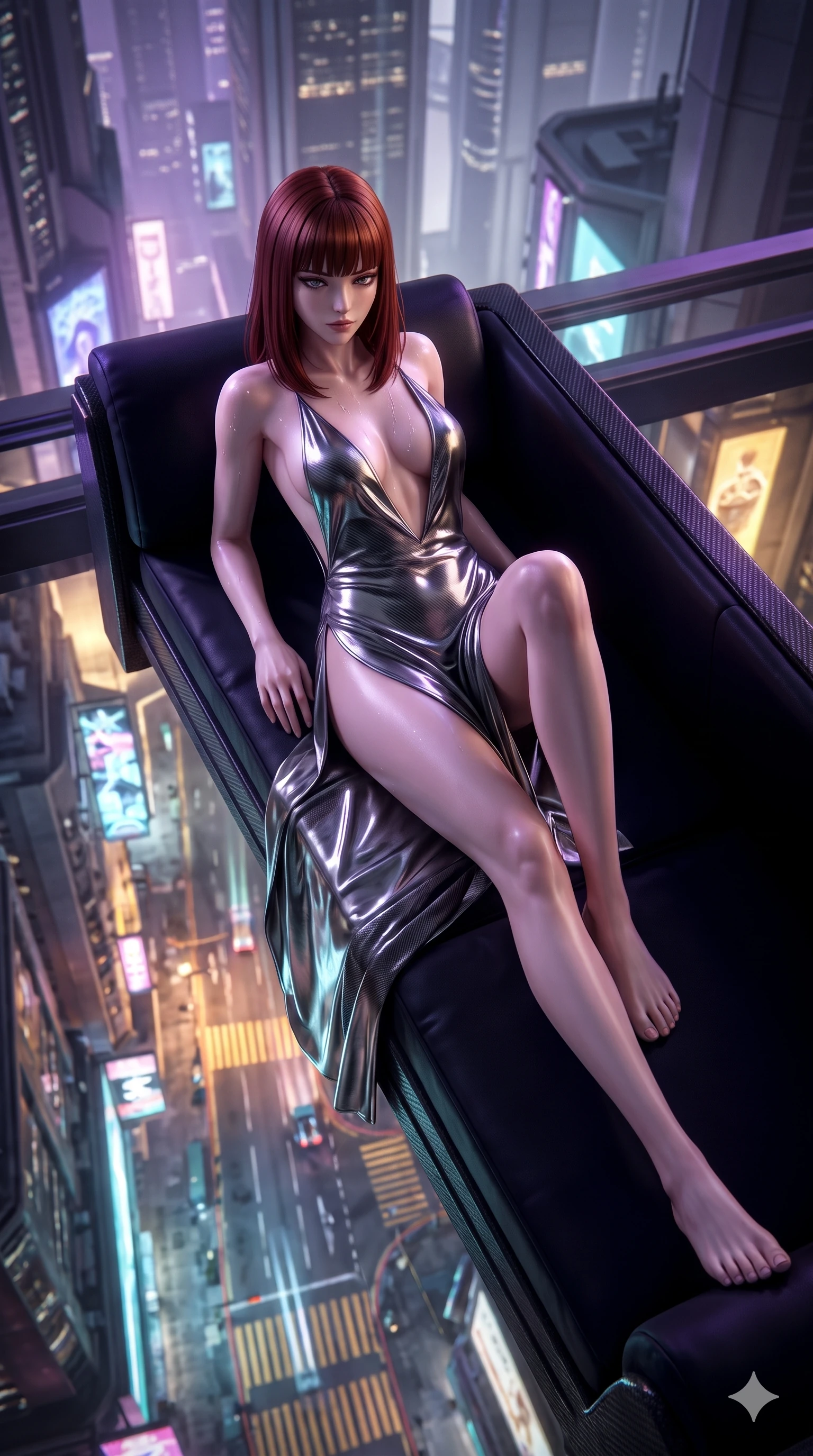 score_9, masterpiece, best quality, ultra-detailed, high-budget anime keyframe, semi-realistic 3D game render, editorial fashion photography, tasteful artistic composition, Caucasian woman. low angle full-body shot from head to toe showing her feet, filling the entire 9:16 vertical frame with her statuesque presence, stretching her vertical silhouette. lounging on the lavish obsidian daybed with legs crossed, displaying her toned midriff and long slender limbs with effortless siren poise while reclining across the raised aeronautical windshelter with one knee drawn up, looking down into the cyberpunk city canyons with fearless bedroom-eyes. The background shows a soft-focus summit skyscraper apex softened in high-altitude metropolitan shallow focus. She has an absolutely perfect, statuesque 8.5-heads proportion, an exceptionally tall and slender model-like female figure with impossibly long slender legs, an ultra-slim waist, a flat toned midriff, narrow delicate ribcage, and beautifully sculpted feminine hips creating a graceful, slim hourglass silhouette without any bulky heaviness. sharp v-shaped jawline, high-bridge nose, intricate jewel-like dark sparkling eyes with hypnotic seductive depth, thick curled eyelashes, glossy parted lips with a natural wine sheen, alluring bedroom-eyes with an enigmatic smoldering smile, exuding magnetic sovereign charisma and dark avant-garde glamour, flawlessly proportioned anatomical accuracy, strict slender model proportions, natural body alignment, perfectly sculpted long slender limbs, ultra-slim waistline, clean dynamic posture without body distortion. wearing a provocative backless liquid lamé slip dress with plunging neckline and hip-high thigh slit in liquid mercury chrome and smoky quartz, woven from matte carbon-fiber weave with high-tech structural hold, finished with glistening moisture droplets beading across her sculpted shoulders and flat midriff, contouring every curve with an exceptionally elegant silhouette and captivating allure. bathed in rhythmic pulsing violet strobe flashes contrasted with ambient city light glow. highly saturated vibrant anime colors, detailed shading with soft gradients, rich glossy textures, high-contrast stereoscopic depth, volumetric dynamic lighting, master piece, 9:16 ratio