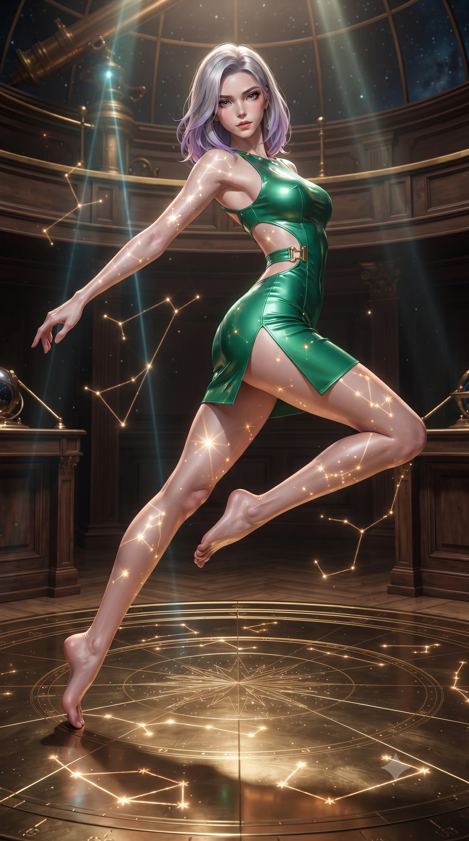 score_9, masterpiece, best quality, ultra-detailed, high-budget anime keyframe, editorial fashion photography, tasteful artistic composition, Caucasian woman. low angle full-body shot from head to toe showing her feet, filling the entire 9:16 vertical frame with her statuesque presence, stretching her vertical silhouette. leaping through mid-air with an athletic yet alluring arch of her spine, her impossibly long slender legs stretched in flawless poise while pivoting dynamically on a polished brass star-chart floor as glowing constellation glyphs project light across her figure. The surrounding environment is rendered in vivid detail and crisp panoramic clarity. rich chiaroscuro lighting and classic Renaissance-futuristic observatory design in panoramic precision. She has an absolutely perfect, statuesque 8.5-heads proportion, an exceptionally tall and slender model-like female figure with impossibly long slender legs, a toned flat midriff, and an ultra-slim waist. sharp v-shaped jawline, high-bridge nose, intricate jewel-like eyes with depth, thick eyelashes, glossy lips with a natural sheen, flawlessly proportioned anatomical accuracy, strict slender model proportions, natural body alignment, perfectly sculpted long slender limbs, ultra-slim waistline, clean dynamic posture without body distortion. wearing a second-skin fashion-latex mini dress with a clean architectural front, featuring an open-back design that wraps around the sides of her waist, showcasing her slender silhouette in bright emerald green satin and gold hardware, made of liquid metal jersey that clings flawlessly to every contour of her build, finished with an ultra-high side slit secured by miniature magnetic clasps, the precision-cut daring openings accentuating her delicate midriff, graceful bare collarbones, and ultra-slim feminine waistline. illuminated by glowing holographic star glyphs and crisp specular highlights on polished metal. ultra-reflective glossy finish, specular highlights, metallic sheen, high-contrast stereoscopic depth, volumetric dynamic lighting, 2k, ultra detail, master piece, 9:16 ratio