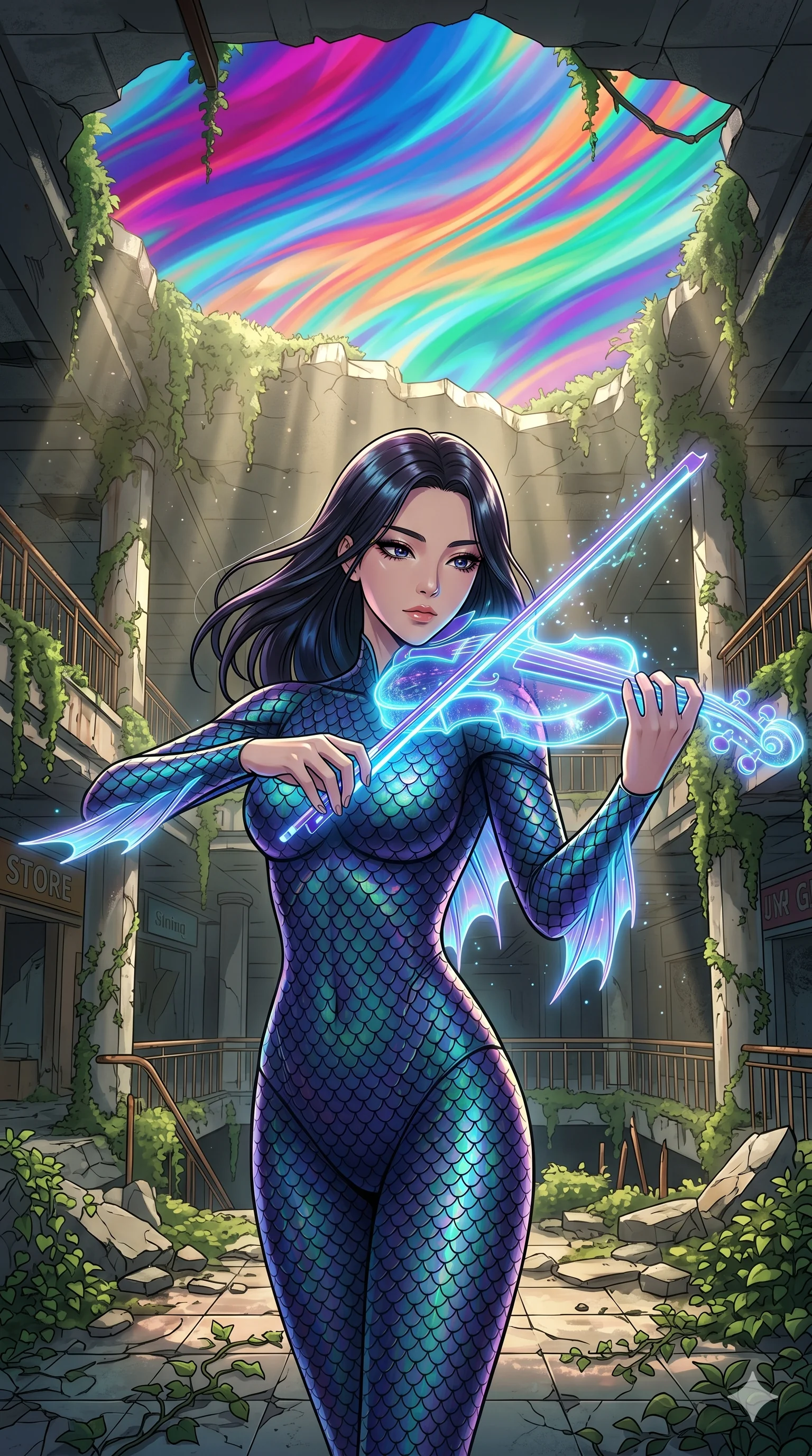 score_9, masterpiece, best quality, ultra-detailed, Set A: High-budget Anime Keyframe, Korean woman. Upper body close-up from the thighs up, character filling the screen for maximum presence. Theme: Historical Remix. playing a holographic violin in a ruined overgrown shopping mall, with a look of serene power as the sky splits into 38 colors. The atmosphere is filled with cinematic sunlight through leaves. She has an absolutely perfect 8-heads proportion, an exceptionally tall and slender female figure with impossibly long slender legs and an ultra-slim waist. Sharp v-shaped jawline, high-bridge nose, intricate jewel-like eyes with depth, glossy lips. Wearing Deep-sea siren bodysuit with iridescent scales and glowing translucent fins. Cinematic lighting, vivid colors, dramatic shadows, 2k, ultra detail, master piece, 9:16 ratio