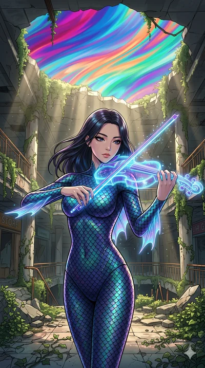 score_9, masterpiece, best quality, ultra-detailed, Set A: High-budget Anime Keyframe, Korean woman. Upper body close-up from the thighs up, character filling the screen for maximum presence. Theme: Historical Remix. playing a holographic violin in a