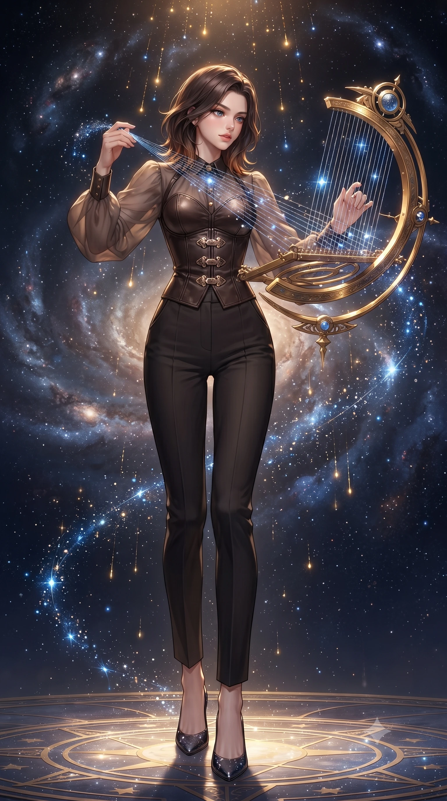 score_9, masterpiece, best quality, ultra-detailed, high-budget anime keyframe, editorial fashion photography, tasteful artistic composition, Korean woman. low angle full-body shot from head to toe showing her feet, filling the entire 9:16 vertical frame with her statuesque presence, stretching her vertical silhouette. interacting gracefully with the magical floating elements while maintaining a confident posture threading brilliant comet dust through a golden celestial loom, starlight particles falling like a golden shower around her. She has an absolutely perfect, statuesque 8.5-heads proportion, an exceptionally tall and slender model-like female figure with impossibly long slender legs and an ultra-slim waist. sharp v-shaped jawline, high-bridge nose, intricate jewel-like eyes with depth, thick eyelashes, glossy lips with a natural sheen. wearing a tailored leather bustier over a sheer silk chiffon blouse with tailored slacks, the tailored fabric tightly following every curve of her athletic build. illuminated by brilliant starlight and warm golden inner glow from the astrolabe. ultra-reflective glossy finish, specular highlights, metallic sheen, high-contrast stereoscopic depth, volumetric dynamic lighting, 2k, ultra detail, master piece, 9:16 ratio