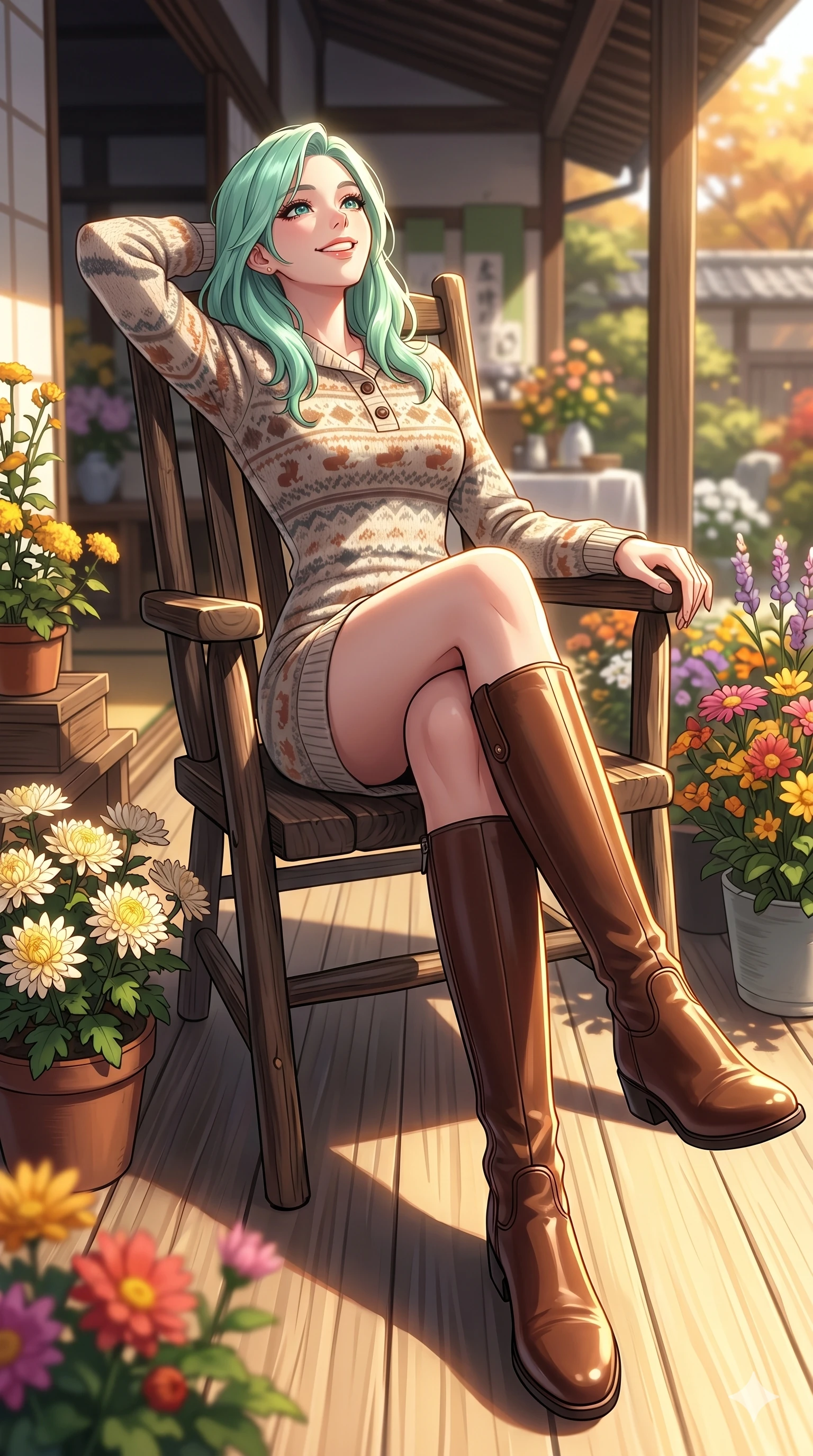 score_9, masterpiece, best quality, ultra-detailed, high-budget anime keyframe, vibrant anime aesthetic, Japanese woman. low angle full-body shot from head to toe showing her feet, filling the entire 9:16 vertical frame with her statuesque presence, stretching her vertical silhouette. She is leaning back on a lodge chair with a delightful smile, looking up happily by a traditional tea house deck during an autumn flower exhibition in the sun (Code-P21-013). She has an absolutely perfect 8-heads proportion, an exceptionally tall and slender female figure with impossibly long slender legs and an ultra-slim waist. V-shaped jawline, high-bridge nose, intricate jewel-like eyes with depth, thick eyelashes, glossy lips with a natural sheen. wearing a winter knit dress with a buttoned collar and leather boots. She is bathed in brilliant, high-contrast winter sunlight with a single golden line tracing her profile. 2k, ultra detail, master piece, 9:16 ratio