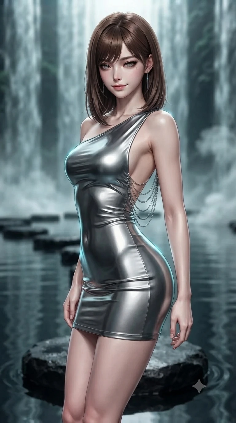 score_9, masterpiece, best quality, ultra-detailed, high-budget anime keyframe, editorial fashion photography, tasteful artistic composition, Korean woman. close-up cowboy shot from the waist and thighs up, the character dominates the composition, filling the frame with her large presence. smiling with quiet, magnetic self-assurance directly into the camera with heavy-lidded sparkling eyes while standing poised on a floating obsidian stepping stone in the still reflecting pool, arching her lower back with sovereign supermodel grace. The background shows a soft-focus vertical cascading water walls, floating black volcanic stone pathways, and rising water vapor blurred into charcoal, teal, and slate bokeh. She has an exceptionally elegant, slender, and willowy female figure with an ultra-slim waist, flat toned midriff, narrow ribcage, and sculpted feminine hips creating an alluring, slim hourglass silhouette without bulk. sharp v-shaped jawline, high-bridge nose, intricate jewel-like dark sparkling eyes with hypnotic seductive depth, thick curled eyelashes, glossy parted lips with a natural wine sheen, alluring bedroom-eyes with an enigmatic smoldering smile, exuding magnetic sovereign charisma and dark avant-garde glamour, flawlessly proportioned anatomical accuracy, strict slender model proportions, natural body alignment, perfectly sculpted long slender limbs, ultra-slim waistline, clean dynamic posture without body distortion. wearing an asymmetric one-shoulder liquid mercury metallic mini dress hugging her narrow waist and curvy hips in liquid mercury chrome and smoky quartz, made of fluid liquid jersey with seamless sculpting hold and smooth contours, accented with an open-back drape framed by falling strands of delicate chrome chains, accentuating her gracefully sculpted slender torso and statuesque proportions. illuminated by water reflection upward bounce and sharp electric-cyan rim lights defining her razor-sharp jawline, narrow waist, and curvy hips. ultra-reflective glossy finish, specular highlights, metallic sheen, high-contrast stereoscopic depth, volumetric dynamic lighting, 2k, ultra detail, master piece, 9:16 ratio