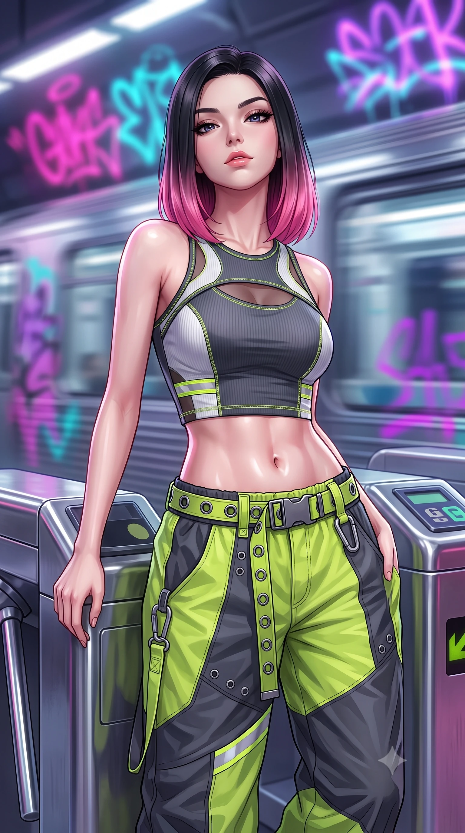 score_9, masterpiece, best quality, ultra-detailed, high-budget anime keyframe, semi-realistic 3D game render, editorial fashion photography, tasteful artistic composition, Korean woman. close-up cowboy shot from the waist and thighs up, the character dominates the composition, filling the frame with her large presence. tilting her chin up with proud, sovereign confidence while gazing directly into the lens with thick, dark eyelashes while leaning against a retro-futuristic metallic subway turnstile with a fierce, rebellious streetwear smirk. The composition keeps background elements in soft focus with creamy bokeh. speeding maglev train motion blur and glowing neon graffiti tags blurred into vivid magenta, cyan, and violet bokeh. She has an exceptionally elegant, slender, and willowy female figure with an ultra-slim waist, a gracefully sculpted slender torso, toned flat midriff, and a refined slim silhouette. sharp v-shaped jawline, high-bridge nose, intricate jewel-like eyes with depth, thick eyelashes, glossy lips with a natural sheen, captivating and magnetic expression, flawlessly proportioned anatomical accuracy, strict slender model proportions, natural body alignment, perfectly sculpted long slender limbs, ultra-slim waistline, clean dynamic posture without body distortion. wearing a Y2K racerback crop tank paired with oversized two-tone nylon windbreaker pants and a grommet belt in acid lime green and dark carbon grey, made of stretchy ribbed athletic knit with sheer mesh cutout inserts, finished with reflective safety hazard tape details and carabiner clips, the form-contouring material adhering flawlessly to her sculpted flat midriff and slender torso, emphasizing her long leg lines and perfectly proportioned willowy build. illuminated by crisp specular highlights defining her toned flat midriff and athletic curves. highly saturated vibrant anime colors, detailed shading with soft gradients, rich glossy textures, high-contrast stereoscopic depth, volumetric dynamic lighting, master piece, 9:16 ratio