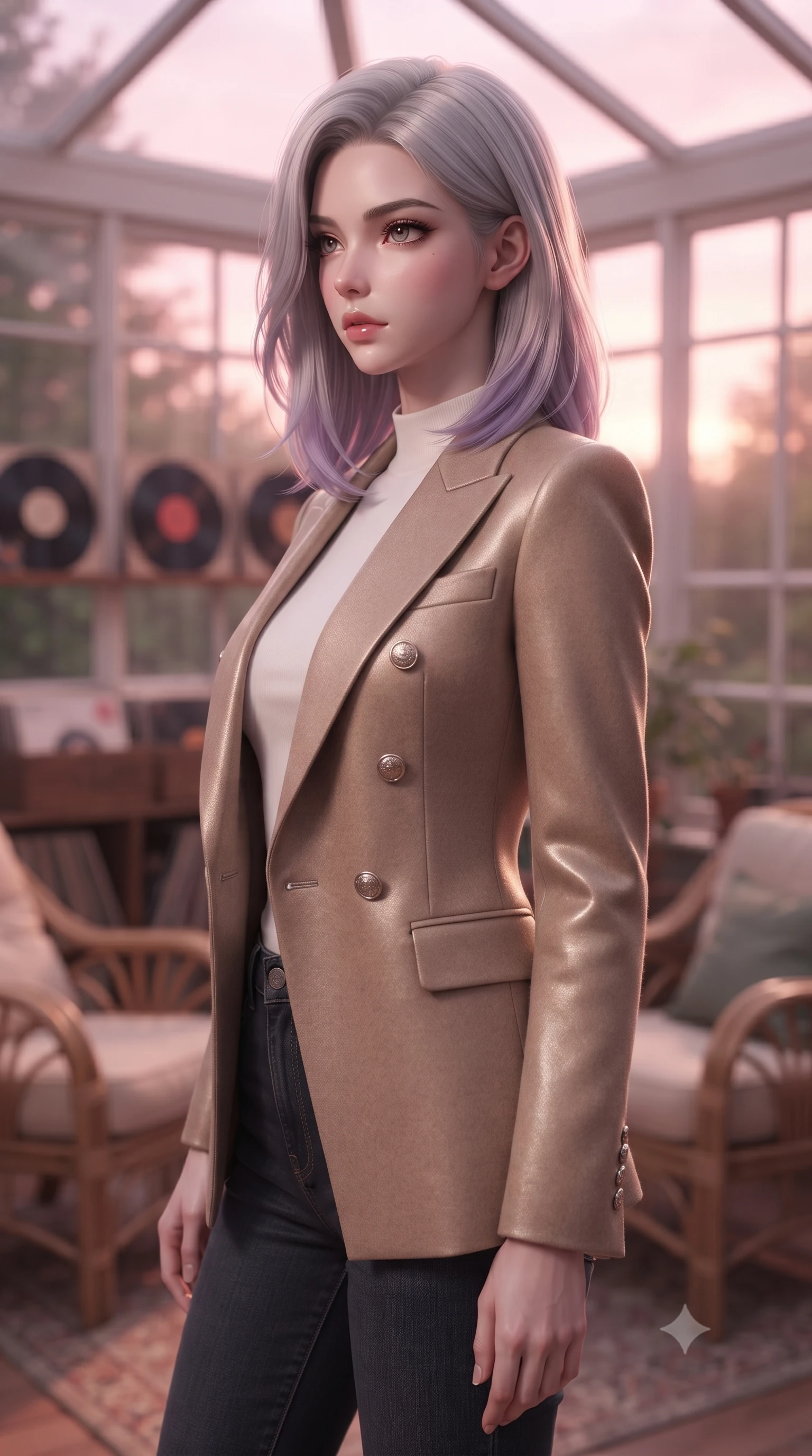 score_9, masterpiece, best quality, ultra-detailed, high-budget anime keyframe, editorial fashion photography, tasteful artistic composition, Caucasian woman. close-up cowboy shot from the waist and thighs up, the character dominates the composition, filling the frame with her large presence, background elements kept in soft focus. turning her face in sharp profile, casting a cold, mysterious, yet intensely alluring side gaze, the background shows a soft-focus a glass-walled sunroom filled with vintage records and comfortable rattan chairs. She has an exceptionally elegant, slender, and willowy female figure with an ultra-slim waist, a gracefully sculpted slender torso, and a refined silhouette. sharp v-shaped jawline, high-bridge nose, intricate jewel-like eyes with depth, thick eyelashes, glossy lips with a natural sheen. wearing a form-contouring tailored double-breasted blazer in sand wool, worn over a white mock-neck tee and denim jeans. soft pink and amber sunset glow painting the room in a romantic wash. ultra-reflective glossy finish, specular highlights, metallic sheen, high-contrast stereoscopic depth, volumetric dynamic lighting, 2k, ultra detail, master piece, 9:16 ratio