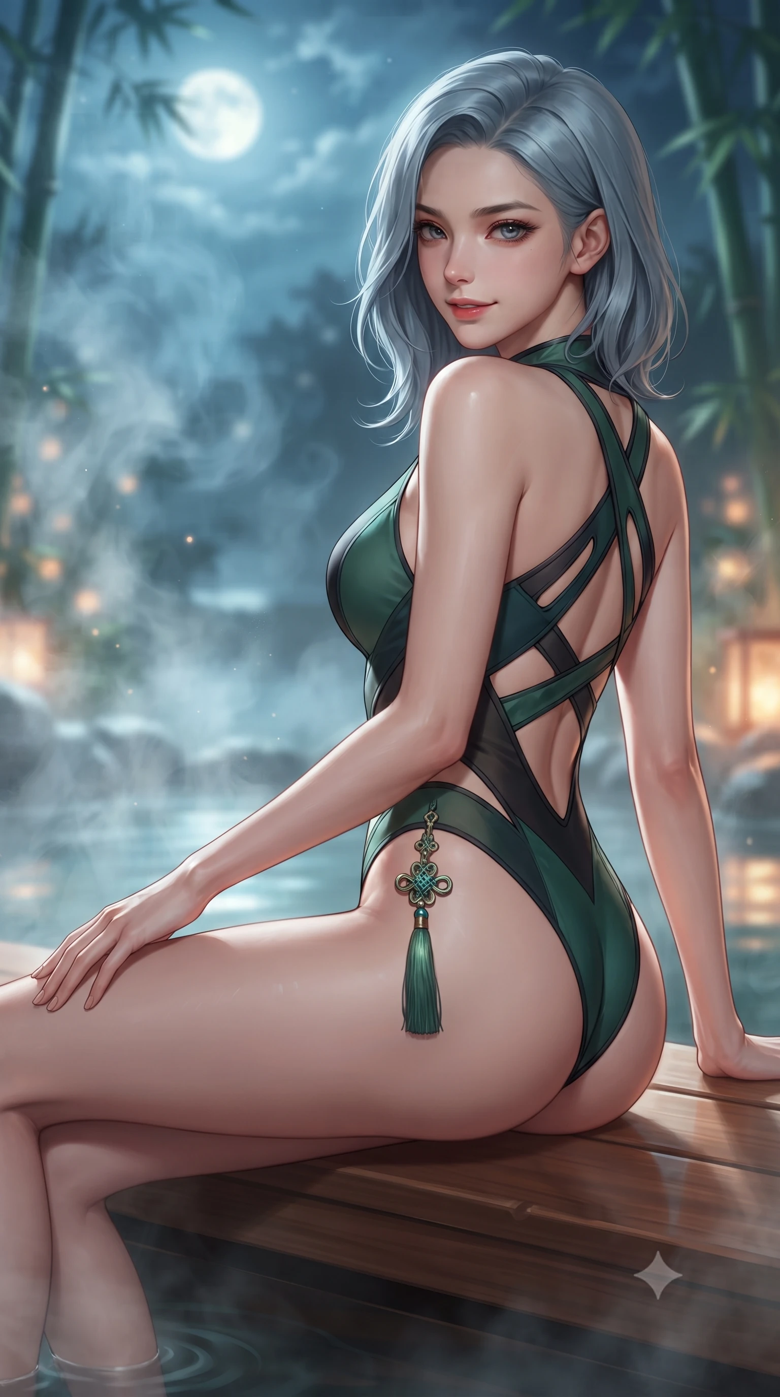 score_9, masterpiece, best quality, ultra-detailed, high-budget anime keyframe, editorial fashion photography, tasteful artistic composition, Korean woman. close-up cowboy shot from the waist and thighs up, the character dominates the composition, filling the frame with her large presence. turning over a bare shoulder with an intoxicating, teasing smile, her soft hair framing her sharp jawline as her hips angle gracefully while reclining on the cedar bench with legs extended toward the warm water, head tilted back toward the full moon with smoldering bedroom-eyes. The composition keeps background elements in soft focus with creamy bokeh. swirling thermal steam vapors and rustling bamboo stalks blurred into cool cerulean, soft jade-green, and warm amber bokeh. She has an exceptionally elegant, slender, and willowy female figure with an ultra-slim waist, a gracefully sculpted slender torso, toned flat midriff, and rounded feminine hips creating an alluring hourglass silhouette. sharp v-shaped jawline, high-bridge nose, intricate jewel-like eyes with depth, thick eyelashes, glossy parted lips with a natural sheen, intensely captivating and seductive bedroom-eyes expression, flawlessly proportioned anatomical accuracy, strict slender model proportions, natural body alignment, perfectly sculpted long slender limbs, ultra-slim waistline, clean dynamic posture without body distortion. wearing a second-skin thermal onsen monokini with high-cut hip openings and crossed back straps in jade green and dark obsidian, tailored from crisp ceremonial cotton and multi-layered translucent chiffon, accented with a glowing metallic norigae knot charm resting against her hip, the liquid-tight tailored fabric clinging flawlessly to her narrow waist and rounded feminine hips, emphasizing every millimeter of her sculpted hourglass curves during movement. surrounded by a tranquil, poetic, and deeply sensual Japanese ryokan muse aura. ultra-reflective glossy finish, specular highlights, rich textural contrasts, high-contrast stereoscopic depth, volumetric dynamic lighting, 2k, ultra detail, master piece, 9:16 ratio