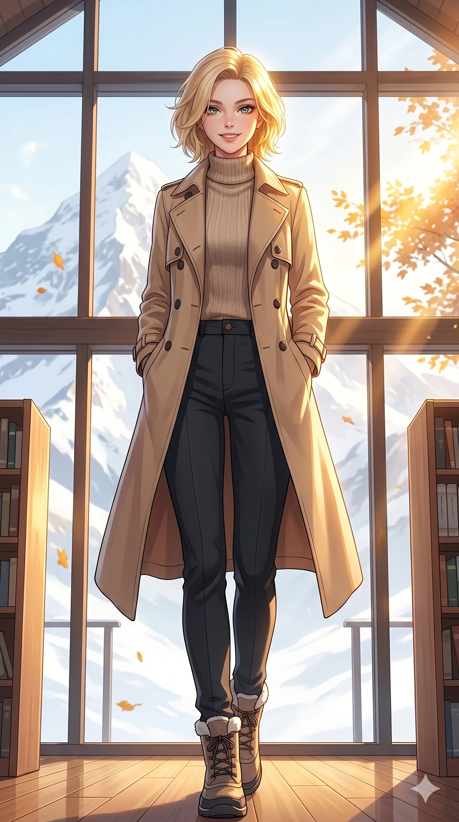 score_9, masterpiece, best quality, ultra-detailed, high-budget anime keyframe, vibrant anime aesthetic, Caucasian woman, strictly human ears. low angle full-body shot from head to toe showing her feet, filling the entire 9:16 vertical frame with her statuesque presence, stretching her vertical silhouette. She is standing proud and tall in the snow, her face lit by a warm, lively smile of confidence inside a bright mountain resort library with large windows facing a snow peak (Code-P21-021). She has an absolutely perfect 8-heads proportion, an exceptionally tall and slender female figure with impossibly long slender legs and an ultra-slim waist. V-shaped jawline, high-bridge nose, intricate jewel-like eyes with depth, thick eyelashes, glossy lips with a natural sheen. wearing a classic beige trench coat over a high-neck knit and trousers in winter. She is lit by bright sunbeams reflecting off autumn leaves, casting warm golden highlights. 2k, ultra detail, master piece, 9:16 ratio