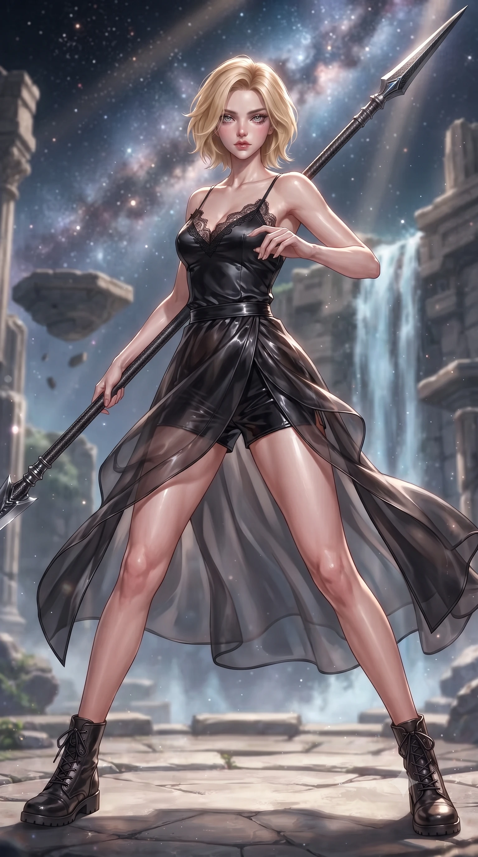 score_9, masterpiece, best quality, ultra-detailed, high-budget anime keyframe, editorial fashion photography, tasteful artistic composition, Caucasian woman. low angle full-body shot from head to toe showing her feet, filling the entire 9:16 vertical frame with her statuesque presence, stretching her vertical silhouette. standing in a dynamic combat stance with a carbon-fiber spear held diagonally, stretching her statuesque body, the background shows a soft-focus a ruins courtyard with levitating stone platforms near the energy waterfall. She has an absolutely perfect, statuesque 8.5-heads proportion, an exceptionally tall and slender model-like female figure with impossibly long slender legs and an ultra-slim waist. sharp v-shaped jawline, high-bridge nose, intricate jewel-like eyes with depth, thick eyelashes, glossy lips with a natural sheen. wearing a tailored delicate lace-trim camisole in black silk, paired with a sheer organza wrap skirt and combat shorts. dappled starlight filtering through cosmic dust clouds, creating light rays. ultra-reflective glossy finish, specular highlights, metallic sheen, high-contrast stereoscopic depth, volumetric dynamic lighting, 2k, ultra detail, master piece, 9:16 ratio