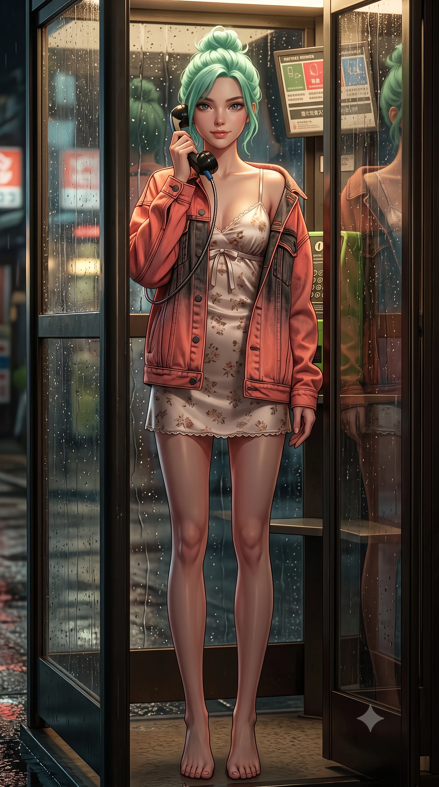 score_9, masterpiece, best quality, ultra-detailed, high-budget anime keyframe, semi-realistic 3D game render, editorial fashion photography, tasteful artistic composition, Japanese woman. low angle full-body shot from head to toe showing her feet, filling the entire 9:16 vertical frame with her statuesque presence, stretching her vertical silhouette. landing lightly on the balls of her feet in a balanced kinetic stance, eyes locked onto the camera with fearless allure while standing inside a vintage glass telephone booth with raindrops streaming down the panes, holding the receiver with a gentle smile. The surrounding environment is rendered in vivid detail and crisp panoramic clarity. emotional cinematic chiaroscuro and nostalgic 90s urban romance aesthetics captured with precision. She has an absolutely perfect, statuesque 8.5-heads proportion, an exceptionally tall and slender model-like female figure with impossibly long slender legs, a toned flat midriff, and an ultra-slim waist. sharp v-shaped jawline, high-bridge nose, intricate jewel-like eyes with depth, thick eyelashes, glossy lips with a natural sheen, captivating and magnetic expression, flawlessly proportioned anatomical accuracy, strict slender model proportions, natural body alignment, perfectly sculpted long slender limbs, ultra-slim waistline, clean dynamic posture without body distortion. wearing a romantic 90s silk satin slip dress layered under an unbuttoned vintage oversized denim jacket in retro neon coral and washed black denim, knitted from soft cozy lambswool yarn with cable-knit textures, finished with a dainty waist ribbon bow and scalloped hemline trims, the glove-like aerodynamic second-skin fit tightly clinging to her ultra-slender waist and athletic curves without adding bulk, accentuating her razor-sharp statuesque lines and slim hourglass silhouette. illuminated by soft glowing highlights defining her delicate features, glossy lips, and slender torso. highly saturated vibrant anime colors, detailed shading with soft gradients, rich glossy textures, high-contrast stereoscopic depth, volumetric dynamic lighting, master piece, 9:16 ratio