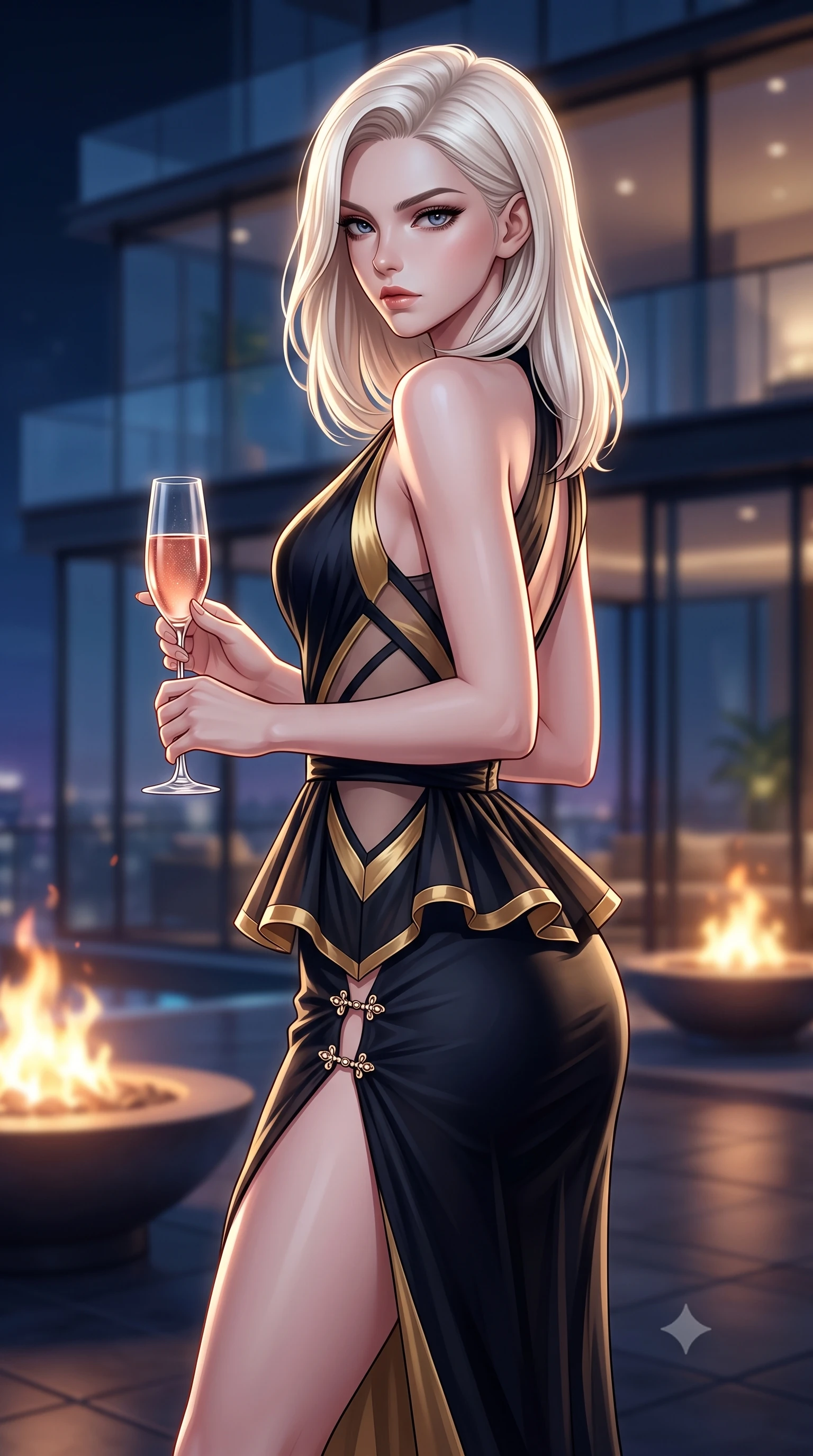 score_9, masterpiece, best quality, ultra-detailed, high-budget anime keyframe, semi-realistic 3D game render, editorial fashion photography, tasteful artistic composition, Caucasian woman. close-up cowboy shot from the waist and thighs up, the character dominates the composition, filling the frame with her large presence. turning over her shoulder with an indomitable, smoldering gaze, her soft hair framing her razor-sharp v-shaped jawline while holding a chilled glass of vintage rosé, casting a smoldering, confident gaze over her shoulder into the lens. The composition keeps background elements in soft focus with creamy bokeh. penthouse glass architecture and glowing rooftop fire pits softened in cinematic shallow depth of field. She has an exceptionally elegant, slender, and willowy female figure with an ultra-slim waist, a gracefully sculpted slender torso, toned flat midriff, and a refined slim silhouette. sharp v-shaped jawline, high-bridge nose, intricate jewel-like eyes with depth, thick eyelashes, glossy lips with a natural sheen, captivating and magnetic expression, flawlessly proportioned anatomical accuracy, strict slender model proportions, natural body alignment, perfectly sculpted long slender limbs, ultra-slim waistline, clean dynamic posture without body distortion. wearing a structural geometric peplum gown with sheer side-ribbon cutouts and form-fitting skirt in midnight obsidian black and liquid gold, woven from airy multi-layered silk chiffon with a weightless drape, finished with an ultra-high side slit secured by miniature jeweled clasps, the precision-cut daring openings accentuating her delicate midriff, graceful bare collarbones, and ultra-slim feminine waistline. illuminated by crisp directional edge lights sharply sculpting her slender waist and long slender legs. highly saturated vibrant anime colors, detailed shading with soft gradients, rich glossy textures, high-contrast stereoscopic depth, volumetric dynamic lighting, master piece, 9:16 ratio
