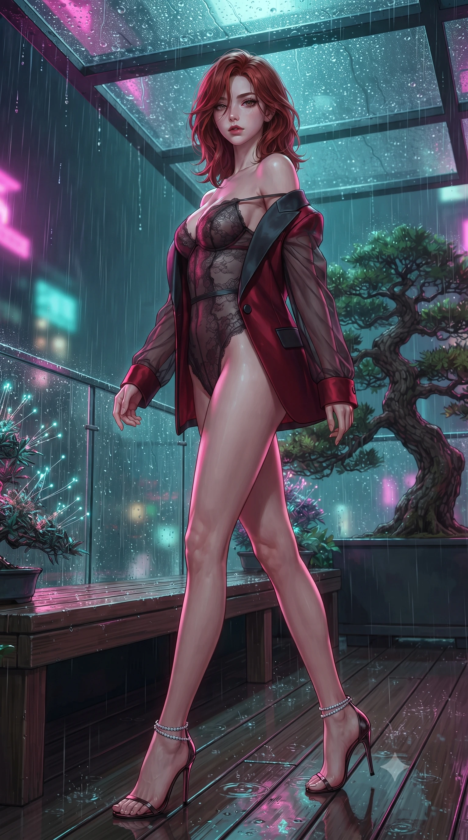 score_9, masterpiece, best quality, ultra-detailed, high-budget anime keyframe, editorial fashion photography, tasteful artistic composition, Korean woman. low angle full-body shot from head to toe showing her feet, filling the entire 9:16 vertical frame with her statuesque presence, stretching her vertical silhouette. walking along the terrace with poise, looking back over her bare shoulder with an irresistible smoldering bedroom-gaze while twisting her slender torso in an alluring contrapposto stance, raindrops drumming on glass above as neon reflections wash over her curves. The surrounding environment is rendered in vivid detail and crisp panoramic clarity: sharp rain stream rivulets on glass, ancient bonsai bark textures, and glowing micro-fiber needle endpoints in deep focus. She has an absolutely perfect, statuesque 8.5-heads proportion, an exceptionally tall and slender model-like female figure with impossibly long slender legs, an ultra-slim waist, a flat toned midriff, narrow delicate ribcage, and beautifully sculpted feminine hips creating a graceful, slim hourglass silhouette without any bulky heaviness. sharp v-shaped jawline, high-bridge nose, sparkling eyes with hypnotic seductive depth, thick curled eyelashes, glossy parted lips with a natural dewy peach sheen, alluring bedroom-eyes with an enchanting coquettish smile, exuding magnetic siren charisma and sophisticated glamour, flawlessly proportioned anatomical accuracy, strict slender model proportions, natural body alignment, perfectly sculpted long slender limbs, ultra-slim waistline, clean dynamic posture without body distortion. wearing a delicate sheer French Chantilly lace teddy layered under an open tailored tuxedo blazer draped over bare shoulders in rich cherry lacquer and smoky charcoal, made of sheer gossamer chiffon that drapes softly against skin with airy translucence, complemented by strappy stiletto sandals with crystal ankle wraps accentuating her slender calves, the form-contouring silhouette accentuating her sculpted flat midriff, narrow delicate ribcage, and gracefully curvy hips with intoxicating allure. illuminated by wet wooden bench reflections and sharp electric-magenta rim lights sculpting her jawline, flat midriff, and curvy hips. ultra-reflective glossy finish, specular highlights, rich textural contrasts, high-contrast stereoscopic depth, volumetric dynamic lighting, 2k, ultra detail, master piece, 9:16 ratio
