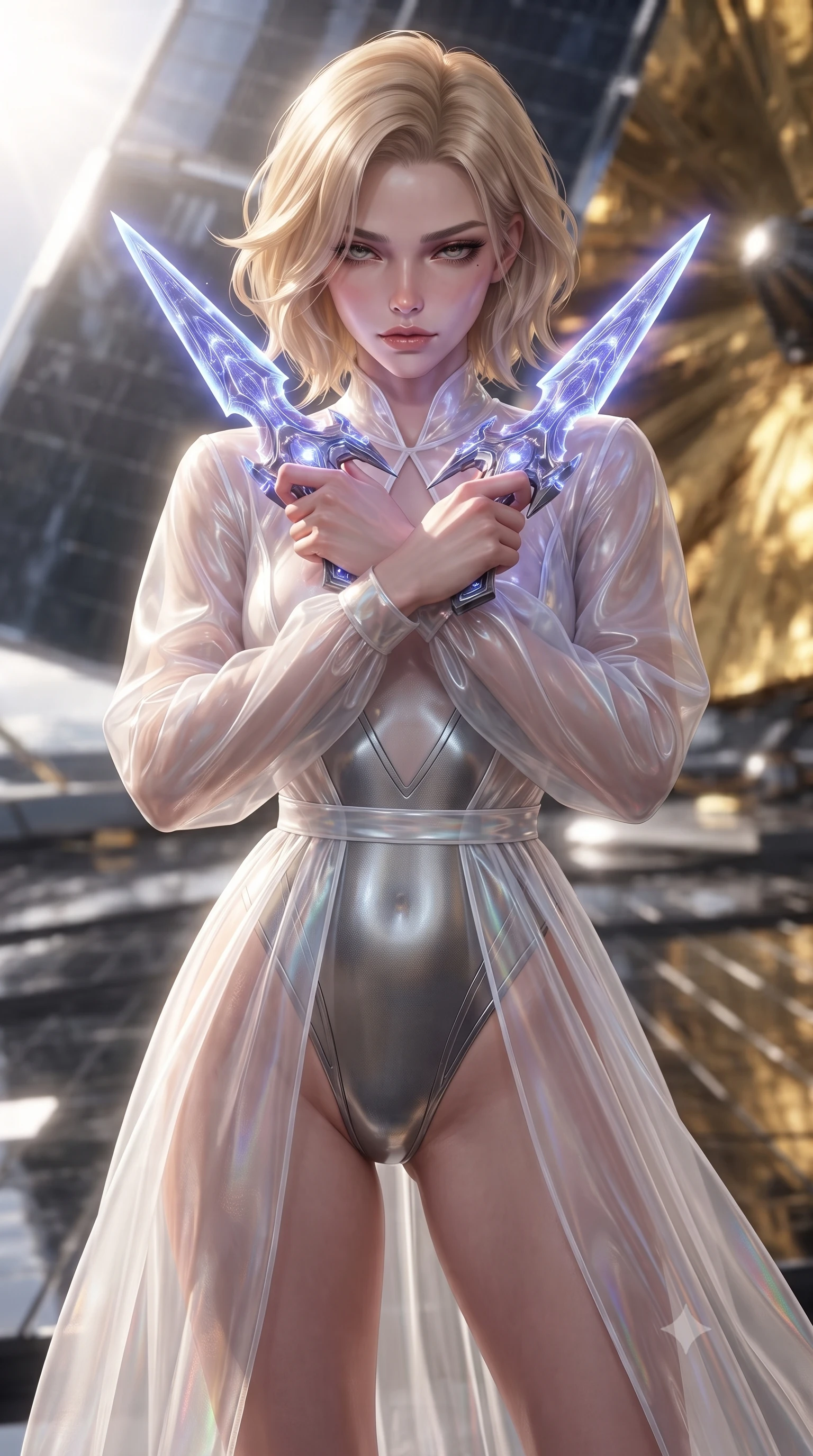 score_9, masterpiece, best quality, ultra-detailed, high-budget anime keyframe, editorial fashion photography, tasteful artistic composition, Caucasian woman. close-up cowboy shot from the waist and thighs up, the character dominates the composition, filling the frame with her large presence, background elements kept in soft focus. holding two energy daggers crossed in front of her elegant collarbone, casting a heavy-lidded, sultry look, the background shows a soft-focus the reflective carbon-foil deck of a massive orbital solar-sail ship. She has an exceptionally elegant, slender, and willowy female figure with an ultra-slim waist, a gracefully sculpted slender torso, and a refined silhouette. sharp v-shaped jawline, high-bridge nose, intricate jewel-like eyes with depth, thick eyelashes, glossy lips with a natural sheen. wearing a tailored sheer white holographic organza combat gown worn over a high-cut carbon-fiber leotard. intense solar glare reflecting off gold foil, casting harsh, metallic side-key light. ultra-reflective glossy finish, specular highlights, metallic sheen, high-contrast stereoscopic depth, volumetric dynamic lighting, 2k, ultra detail, master piece, 9:16 ratio