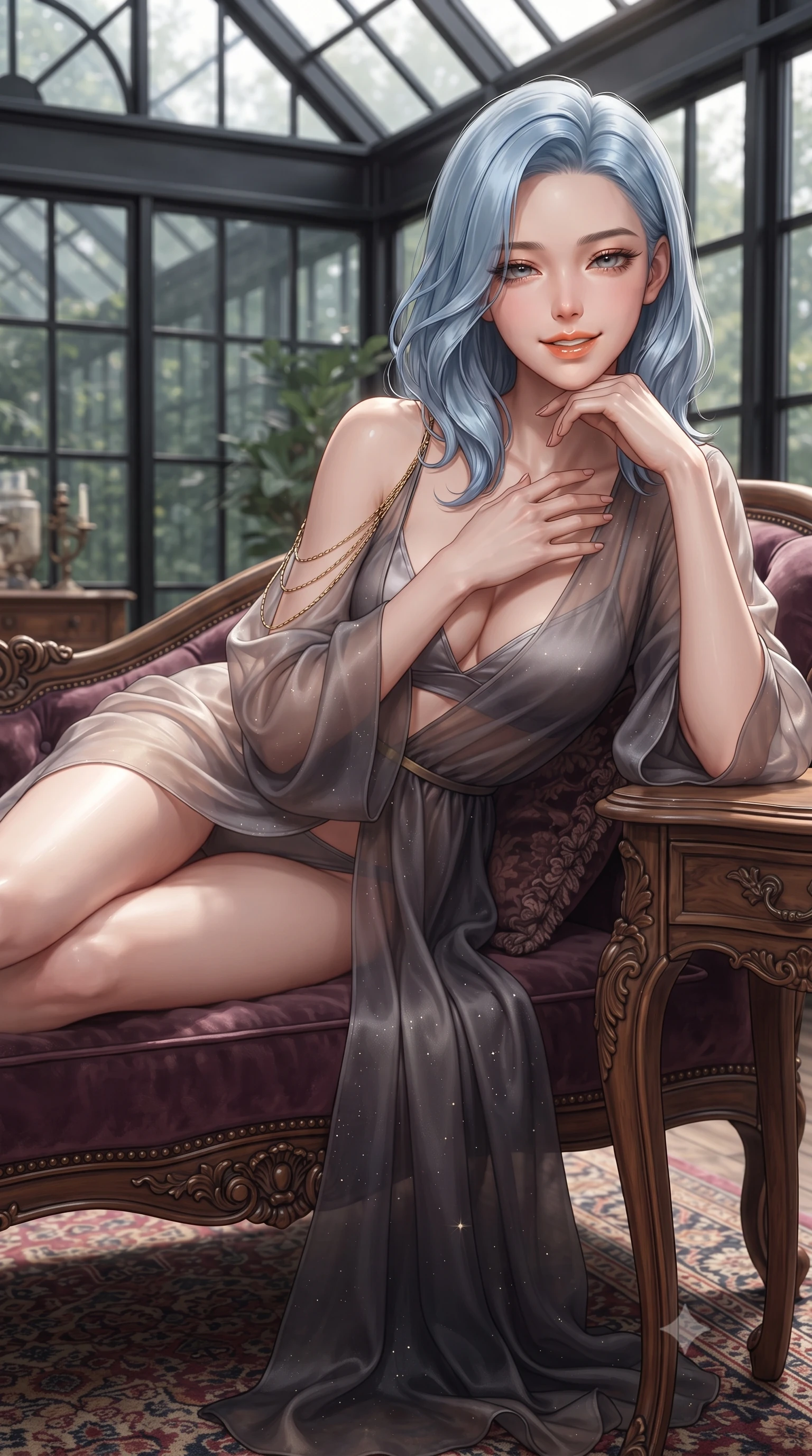 score_9, masterpiece, best quality, ultra-detailed, high-budget anime keyframe, editorial fashion photography, tasteful artistic composition, Korean woman. close-up cowboy shot from the waist and thighs up, the character dominates the composition, filling the frame with her large presence. resting one elbow on the table and supporting her chin, leaning close to the camera with heavy-lidded sparkling eyes and parted lips while lounging in the deep plum velvet chaise with legs extended, running one manicured hand slowly along her collarbones with irresistible charm. The surrounding environment is rendered in vivid detail and crisp panoramic clarity: sharp black steel sash window mullions, antique Persian wool rug knots, and greenhouse glass structural ribs in deep focus. She has an exceptionally elegant, slender, and willowy female figure with an ultra-slim waist, flat toned midriff, narrow ribcage, and sculpted feminine hips creating an alluring, slim hourglass silhouette without bulk. sharp v-shaped jawline, high-bridge nose, intricate jewel-like sparkling eyes with depth, thick eyelashes, glossy parted lips with a natural peach sheen, bright cheerful beaming smile with an enchanting and coquettish sensual glint, exuding both youthful cute charm and seductive allure, flawlessly proportioned anatomical accuracy, strict slender model proportions, natural body alignment, perfectly sculpted long slender limbs, ultra-slim waistline, clean dynamic posture without body distortion. wearing a flowing gossamer silk organza boudoir peignoir slipping off one shoulder over a form-fitting satin bralette in Hollywood starlight platinum and smoky charcoal, tailored from ultra-plush silk velvet with rich tactile depth and deep shadow gradients, accented with an open-back drape framed by falling strands of delicate gold chains, the precision-cut side openings and low-back scoop framing her graceful spine and the sensual sweep of her slim, toned hips. illuminated by skylight moonbeam bounce and sharp champagne-gold rim lights defining her jawline, flat midriff, and feminine hips. ultra-reflective glossy finish, specular highlights, rich textural contrasts, high-contrast stereoscopic depth, volumetric dynamic lighting, 2k, ultra detail, master piece, 9:16 ratio
