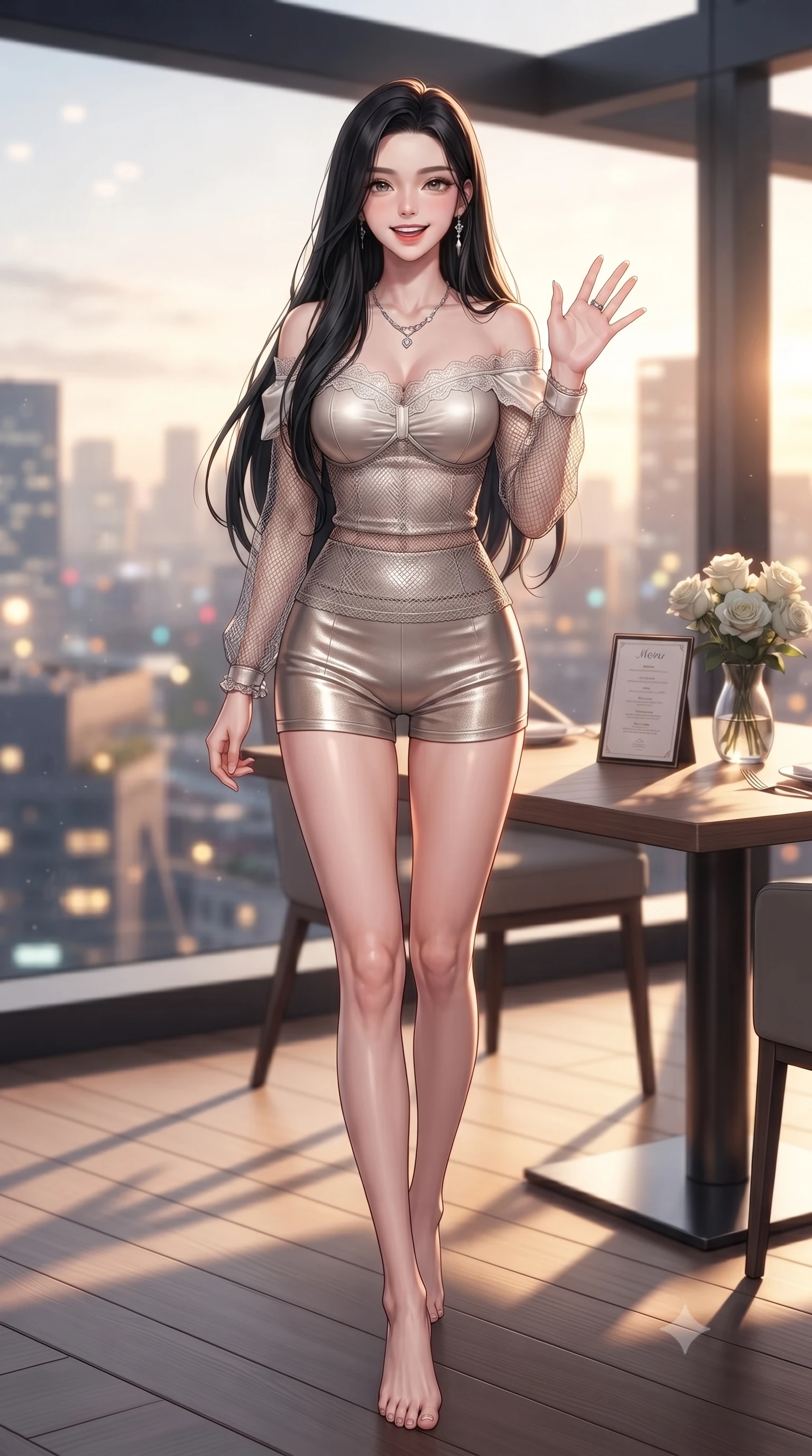 score_9, masterpiece, best quality, ultra-detailed, high-budget anime keyframe, editorial fashion photography, tasteful artistic composition, Korean woman. low angle full-body shot from head to toe showing her feet, filling the entire 9:16 vertical frame with her statuesque presence, stretching her vertical silhouette. stepping forward with a bright, cheerful smile, waving happily at the viewer set against a soft-focus background of inside a modern rooftop restaurant overlooking a bright city skyline with a small menu board and a vase of white roses on the table. She has an absolutely perfect, statuesque 8.5-heads proportion, an exceptionally tall and slender model-like female figure with impossibly long slender legs and an ultra-slim waist. sharp v-shaped jawline, high-bridge nose, intricate jewel-like eyes with depth, thick eyelashes, glossy lips with a natural sheen. wearing slim-fit delicate lace-trim off-shoulder blouse paired with a sheer mesh overlay and form-contouring mini shorts. golden hour sunset light casting long warm shadows on the restaurant table. ultra-reflective glossy finish, specular highlights, metallic sheen, high-contrast stereoscopic depth, volumetric dynamic lighting, 2k, ultra detail, master piece, 9:16 ratio