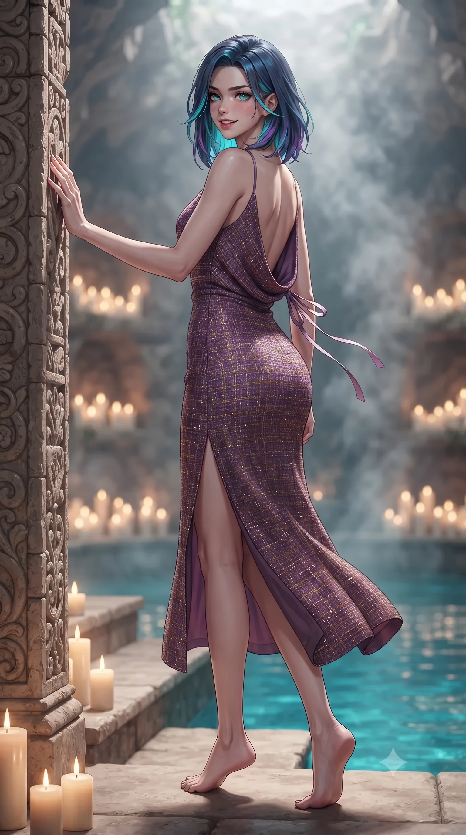 score_9, masterpiece, best quality, ultra-detailed, high-budget anime keyframe, editorial fashion photography, tasteful artistic composition, Caucasian woman. low angle full-body shot from head to toe showing her feet, filling the entire 9:16 vertical frame with her statuesque presence, stretching her vertical silhouette. walking along the terrace with poise, looking back over her bare shoulder with an irresistible smoldering bedroom-gaze while leaning against the carved Mayan stone pillar with hips cocked back, looking through fragrant copal incense mist with intoxicating bedroom-eyes. The background shows a soft-focus aromatic copal incense smoke softened in holistic subterranean spa shallow focus. She has an exceptionally tall and slender model-like 8.5-heads proportion, an ultra-slim waist, a flat toned midriff, narrow delicate ribcage, and beautifully sculpted feminine hips creating a graceful, slim hourglass silhouette without any bulky heaviness, with impossibly long slender legs. sharp v-shaped jawline, high-bridge nose, intricate jewel-like sparkling eyes with depth, thick eyelashes, glossy parted lips with a natural peach sheen, bright cheerful beaming smile with an enchanting and coquettish sensual glint, exuding both youthful cute charm and seductive allure, flawlessly proportioned anatomical accuracy, strict slender model proportions, natural body alignment, perfectly sculpted long slender limbs, ultra-slim waistline, clean dynamic posture without body distortion. wearing a form-contouring gossamer silk chiffon slip dress with a hip-high slit and open cowl back clinging with dewy moisture in Scottish Highlands heather thistle purple and antique hearth ember gold, woven from structured British tweed with subtle metallic flecks, finished with satin ribbon ties at the shoulders fluttering in the gentle breeze, the liquid-tight tailored fabric clinging flawlessly to her narrow waist and rounded feminine hips, emphasizing every millimeter of her sculpted slim hourglass curves without any bulky heaviness. bathed in underwater pool turquoise LEDs combined with hundreds of warm 2200K wax candle flames lining cave niches. ultra-reflective glossy finish, specular highlights, rich textural contrasts, high-contrast stereoscopic depth, volumetric dynamic lighting, 2k, ultra detail, master piece, 9:16 ratio