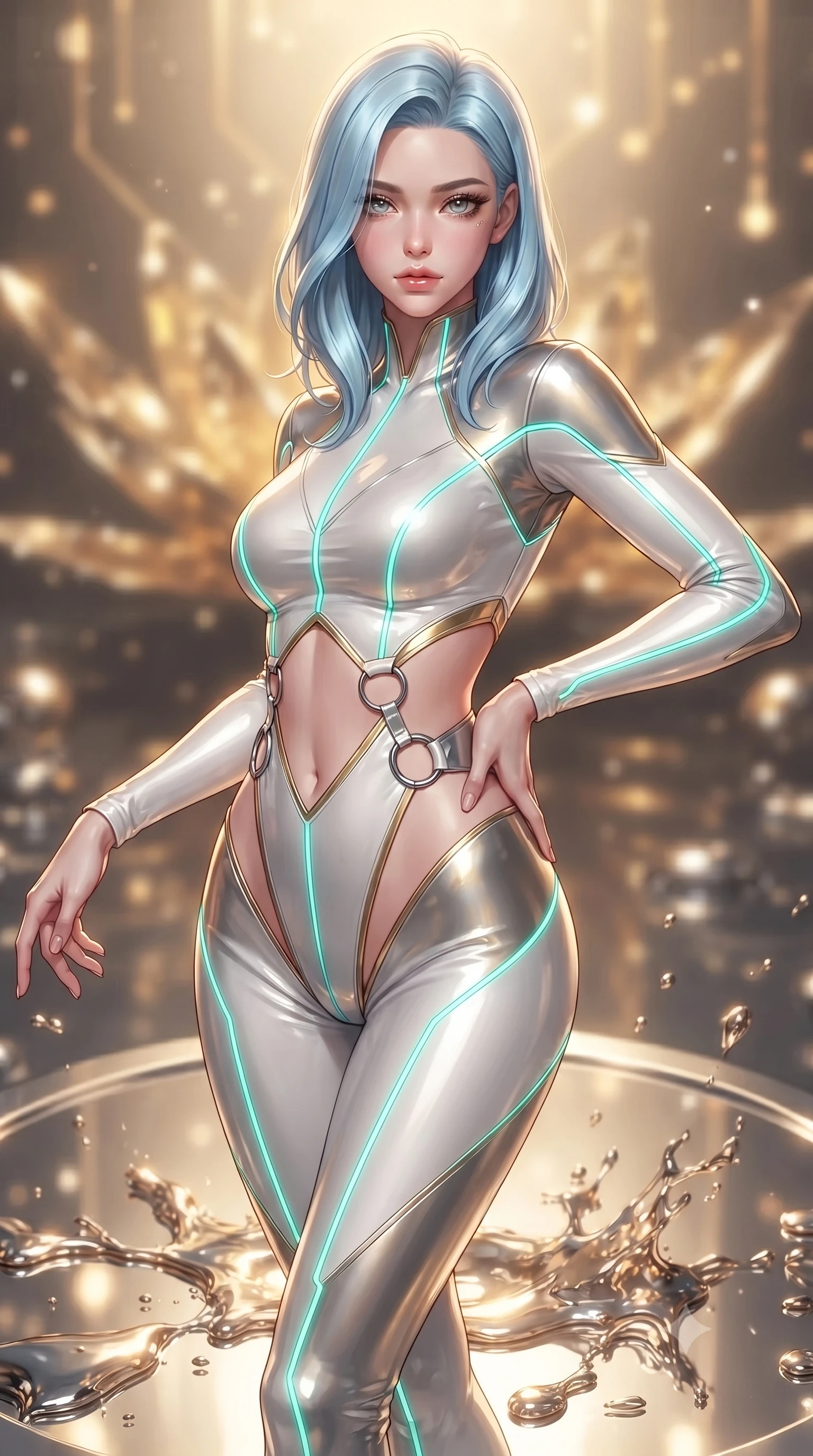 score_9, masterpiece, best quality, ultra-detailed, high-budget anime keyframe, editorial fashion photography, tasteful artistic composition, Korean woman. close-up cowboy shot from the waist and thighs up, the character dominates the composition, filling the frame with her large presence. twisting her upper body in a dynamic S-curve with commanding allure, one hand resting on her slender waist with haughty grace while stretching forward with an alluring S-curve silhouette on a floating mirror dais catching intense caustic reflections. The composition keeps background elements in soft focus with creamy bokeh. molten metal splashes and light caustics scattering radiant glints across a soft-focus background. She has an exceptionally elegant, slender, and willowy female figure with an ultra-slim waist, a gracefully sculpted slender torso, toned flat midriff, and a refined slim silhouette. sharp v-shaped jawline, high-bridge nose, intricate jewel-like eyes with depth, thick eyelashes, glossy lips with a natural sheen, flawlessly proportioned anatomical accuracy, strict slender model proportions, natural body alignment, perfectly sculpted long slender limbs, ultra-slim waistline, clean dynamic posture without body distortion. wearing a second-skin white-and-gold high-fashion tech-bodysuit with diagonal midriff cutouts and glowing cyan fiber seams in radiant emerald green circuit lines and polished silver sheen, formed from high-gloss patent material with specular chiaroscuro reflections, detailed with polished silver rings connecting the daring side-waist cutouts, the liquid-tight tailored fabric emphasizing every curve of her tall, slender model proportions and sculptured silhouette during dynamic movement. bathed in warm golden circuit lotus uplights and glittering liquid mercury caustics. ultra-reflective glossy finish, specular highlights, dark metallic sheen, high-contrast stereoscopic depth, volumetric dynamic lighting, 2k, ultra detail, master piece, 9:16 ratio