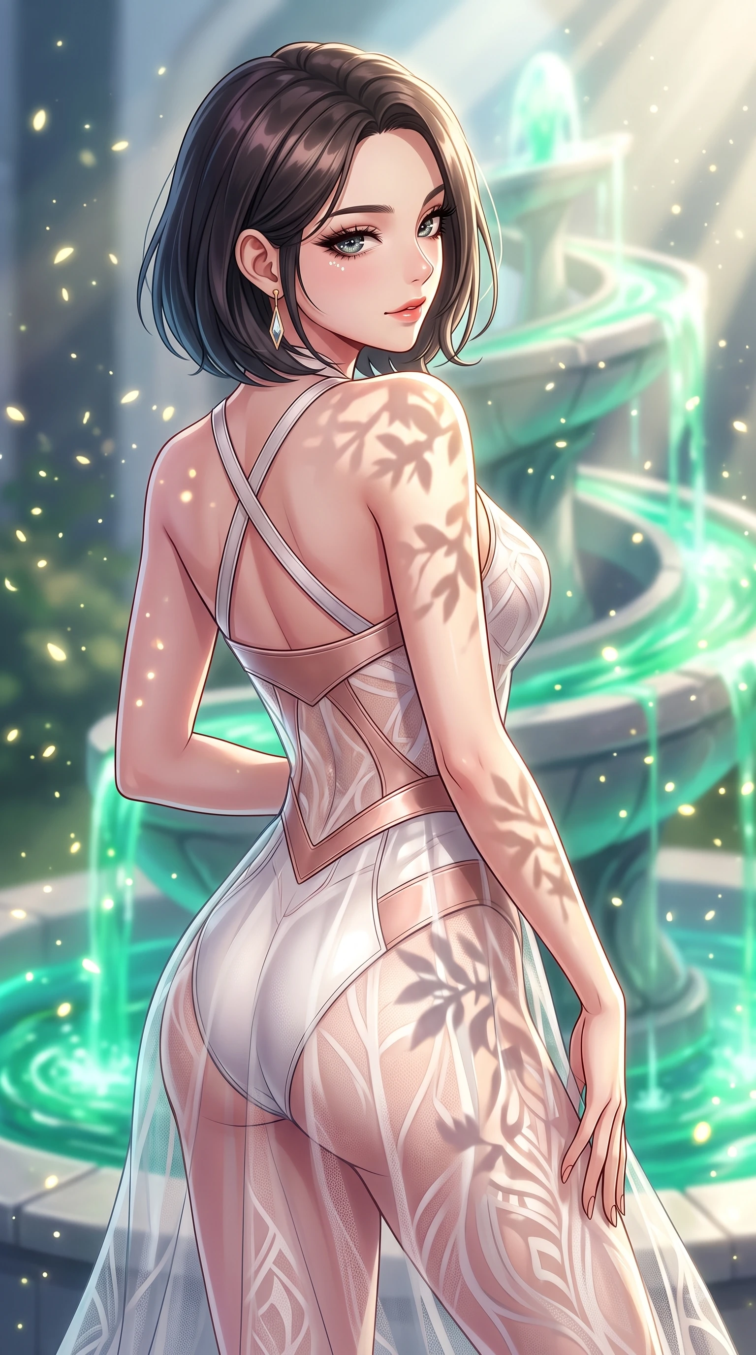 score_9, masterpiece, best quality, ultra-detailed, high-budget anime keyframe, editorial fashion photography, tasteful artistic composition, Korean woman. close-up cowboy shot from the waist and thighs up, the character dominates the composition, filling the frame with her large presence, background elements kept in soft focus. Casting a seductive sidelong gaze over her bare shoulder with heavy lashes and a composed half-smile while pivoting dynamically beside a hydro-flow spiral fountain flowing with bioluminescent emerald sap, glowing pollen particles drifting gracefully around her statuesque silhouette. She has an exceptionally elegant, slender, and willowy female figure with an ultra-slim waist, a gracefully sculpted slender torso, and a refined silhouette. sharp v-shaped jawline, high-bridge nose, intricate jewel-like eyes with depth, thick eyelashes, glossy lips with a natural sheen, flawlessly proportioned anatomical accuracy, natural body alignment, perfectly sculpted elegant limbs, clean dynamic posture without body distortion. wearing a semi-opaque sheer overlay dress over a leather micro-bodysuit in pearl white and rose gold, woven from fine semi-opaque sheer organza, complemented by criss-cross back straps highlighting her bare shoulders, the form-contouring material highlighting her ultra-slim waist and long lines. illuminated by brilliant sunbeams casting organic leaf stencil shadows. highly saturated vibrant anime colors, detailed shading with soft gradients, rich glossy textures, high-contrast stereoscopic depth, volumetric dynamic lighting, master piece, 9:16 ratio