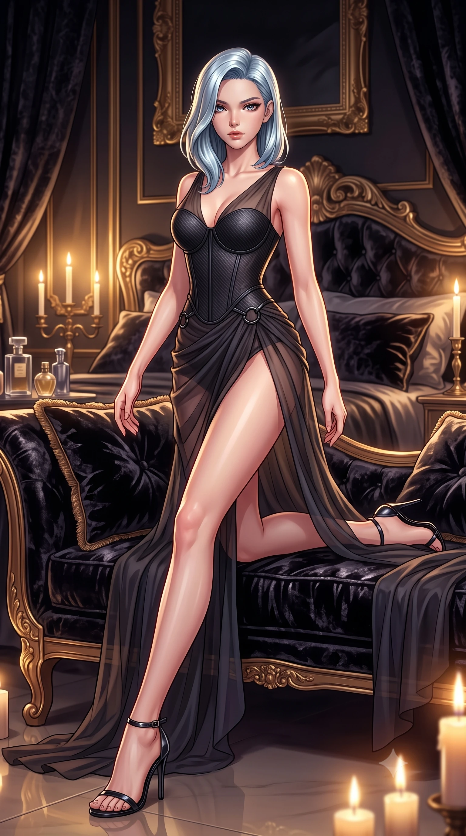 score_9, masterpiece, best quality, ultra-detailed, high-budget anime keyframe, editorial fashion photography, tasteful artistic composition, Korean woman. low angle full-body shot from head to toe showing her feet, filling the entire 9:16 vertical frame with her statuesque presence, stretching her vertical silhouette. stepping gracefully through the luxurious environment, stretching her statuesque silhouette, resting on a plush crushed black velvet lounge sofa in a private boudoir, subtle golden candlelight flickering against her smooth skin and glossy lips. She has an absolutely perfect, statuesque 8.5-heads proportion, an exceptionally tall and slender model-like female figure with impossibly long slender legs and an ultra-slim waist. sharp v-shaped jawline, high-bridge nose, intricate jewel-like eyes with depth, thick eyelashes, glossy lips with a natural sheen. wearing semi-opaque sheer dark chiffon gown revealing structured corset silhouette in pitch-black onyx, made of matte carbon-fiber weave, trimmed with dark chrome ring hardware along the waist contours, sculpting her athletic slender build with refined precision. illuminated by warm golden candle rays and high-contrast dark velvet shadows. highly saturated vibrant anime colors, detailed shading with soft gradients, rich glossy textures, high-contrast stereoscopic depth, volumetric dynamic lighting, master piece, 9:16 ratio