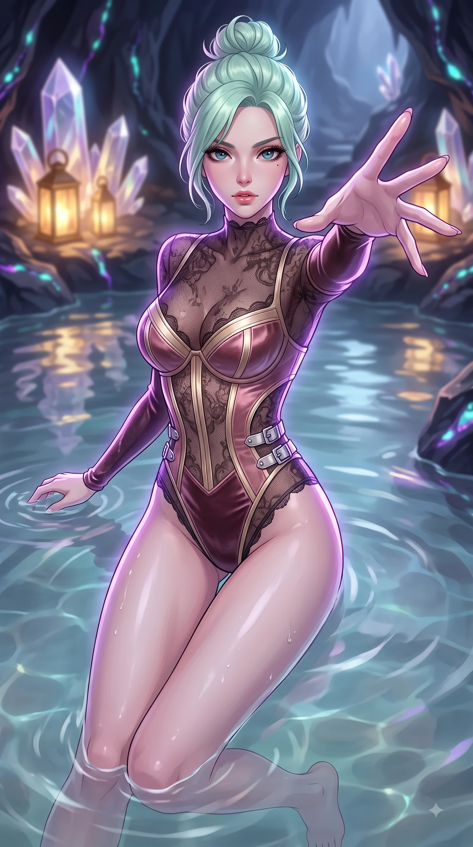 score_9, masterpiece, best quality, ultra-detailed, high-budget anime keyframe, editorial fashion photography, tasteful artistic composition, Japanese woman. close-up cowboy shot from the waist and thighs up, the character dominates the composition, filling the frame with her large presence, background elements kept in soft focus. Reaching one arm gracefully toward the camera with magnetic poise, displaying her statuesque silhouette while floating dynamically in a tranquil thermal pool as crystal spires reflect warm golden lantern light, bioluminescent opal veins pulsing softly in the subterranean obsidian walls. She has an exceptionally elegant, slender, and willowy female figure with an ultra-slim waist, a gracefully sculpted slender torso, and a refined silhouette. sharp v-shaped jawline, high-bridge nose, intricate jewel-like eyes with depth, thick eyelashes, glossy lips with a natural sheen, flawlessly proportioned anatomical accuracy, natural body alignment, perfectly sculpted elegant limbs, clean dynamic posture without body distortion. wearing a sheer dark lace pattern bodysuit with structured corsetry boning in dusty rose and champagne gold, made of premium stretch velvet with a rich sheen, detailed with polished silver buckles along the waistline, the glove-like fit emphasizing her statuesque silhouette during motion. illuminated by luminous purple bioluminescence and serene silver moonlight. highly saturated vibrant anime colors, detailed shading with soft gradients, rich glossy textures, high-contrast stereoscopic depth, volumetric dynamic lighting, master piece, 9:16 ratio