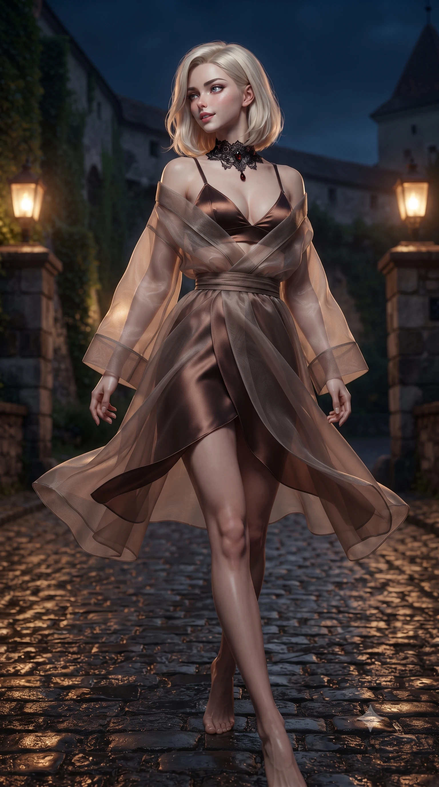 score_9, masterpiece, best quality, ultra-detailed, high-budget anime keyframe, editorial fashion photography, tasteful artistic composition, Caucasian woman. low angle full-body shot from head to toe showing her feet, filling the entire 9:16 vertical frame with her statuesque presence, stretching her vertical silhouette. executing a slow, graceful pivot turn as her skirt sways around her slender legs, glancing back with an enchanting, teasing sensual expression while walking slowly across the wet cobblestones, hips swaying in an alluring kinetic rhythm that commands the ancient fortress. The background shows a soft-focus wet cobblestone streets softened in historic Transylvanian night shallow focus. She has an absolutely perfect, statuesque 8.5-heads proportion, an exceptionally tall and slender model-like female figure with impossibly long slender legs, an ultra-slim waist, a flat toned midriff, narrow delicate ribcage, and beautifully sculpted feminine hips creating a graceful, slim hourglass silhouette without any bulky heaviness. sharp v-shaped jawline, high-bridge nose, sparkling eyes with hypnotic seductive depth, thick curled eyelashes, glossy parted lips with a natural dewy peach sheen, alluring bedroom-eyes with an enchanting coquettish smile, exuding magnetic siren charisma and sophisticated glamour, flawlessly proportioned anatomical accuracy, strict slender model proportions, natural body alignment, perfectly sculpted long slender limbs, ultra-slim waistline, clean dynamic posture without body distortion. wearing a delicate sheer organza kimono-style architectural wrap slipping off bare shoulders over a matching satin bralette in sultry espresso bronze and metallic copper with velvet sheen, tailored from ultra-plush velvet with rich tactile depth and deep shadow gradients, accented with an ornate black lace Victorian choker featuring a single blood-red teardrop garnet, the form-contouring silhouette accentuating her sculpted flat midriff, narrow delicate ribcage, and gracefully curvy hips with intoxicating allure. bathed in warm amber light spilling from carriage lanterns mounted on stone pillars. ultra-reflective glossy finish, specular highlights, rich textural contrasts, high-contrast stereoscopic depth, volumetric dynamic lighting, 2k, ultra detail, master piece, 9:16 ratio