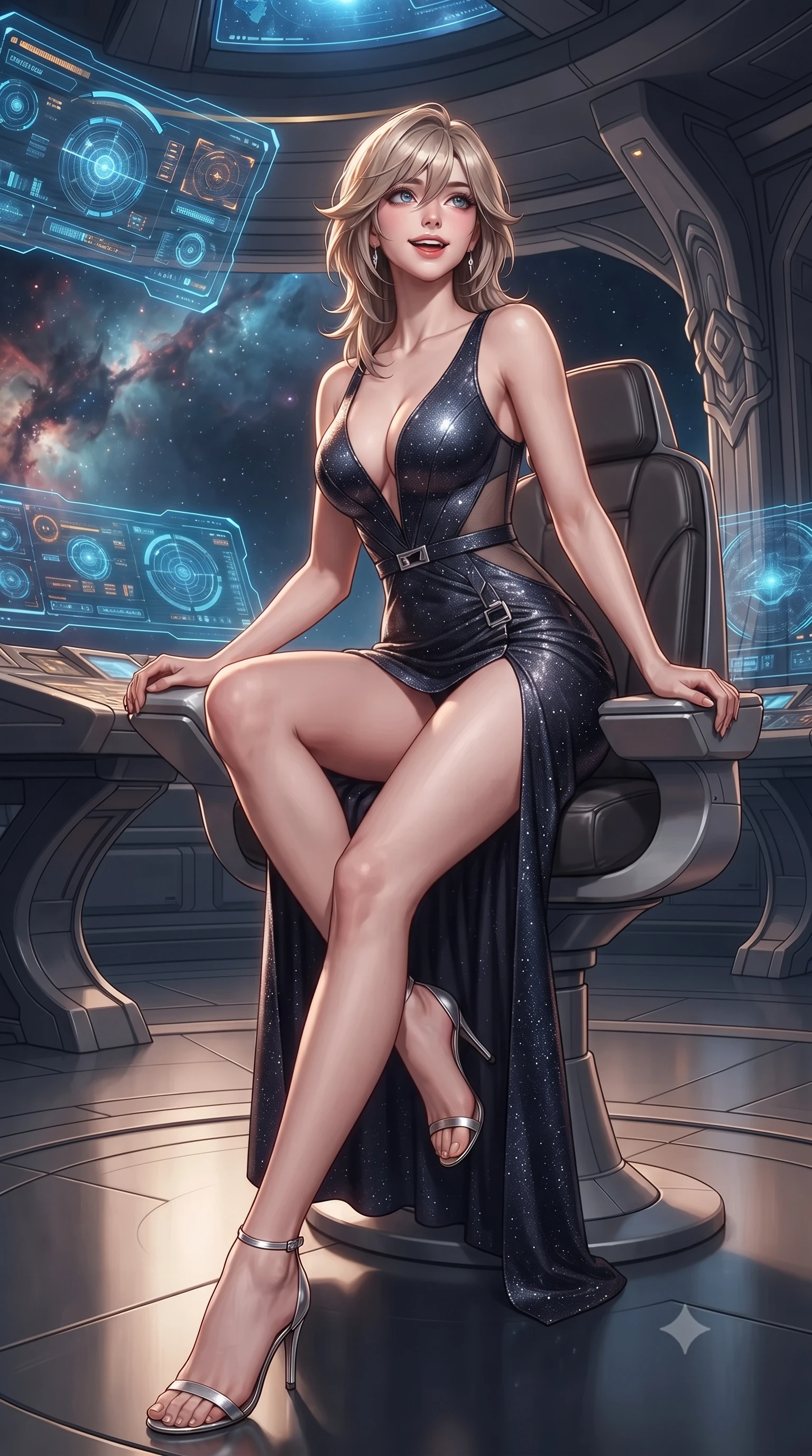 score_9, masterpiece, best quality, ultra-detailed, high-budget anime keyframe, editorial fashion photography, tasteful artistic composition, Japanese woman. low angle full-body shot from head to toe showing her feet, filling the entire 9:16 vertical frame with her statuesque presence, stretching her vertical silhouette. sitting poised on the stone steps with one knee bent, arching her spine with supermodel elegance as she glances upward through thick eyelashes while sitting gracefully on the ergonomic captain chair with legs crossed, flashing an enchanting smile with parted glossy lips as light bends around her. The surrounding environment is rendered in vivid detail and crisp panoramic clarity: detailed garment tailoring, futuristic hardware accents, and monumental interstellar starship architecture in high resolution. She has an exceptionally tall and slender model-like 8.5-heads proportion, an ultra-slim waist, a flat toned midriff, narrow delicate ribcage, and beautifully sculpted feminine hips creating a graceful, slim hourglass silhouette without any bulky heaviness, with impossibly long slender legs. sharp v-shaped jawline, high-bridge nose, intricate jewel-like sparkling eyes with depth, thick eyelashes, glossy parted lips with a natural peach sheen, bright cheerful beaming smile with an enchanting and coquettish sensual glint, exuding both youthful cute charm and seductive allure, flawlessly proportioned anatomical accuracy, strict slender model proportions, natural body alignment, perfectly sculpted long slender limbs, ultra-slim waistline, clean dynamic posture without body distortion. wearing an alluring plunging sweetheart bodice dress with sheer mesh side-waist cutouts contouring her ribs in liquid mercury chrome and deep midnight obsidian, woven from stretch metallic lurex jersey casting radiant starlight glints across her curves, finished with sleek magnetic buckle closures fluttering in the breeze, the high-slit wrap tailoring accentuating her ultra-slim waistline and the enchanting curve of her feminine hips with alluring seductive charm. illuminated by console screen bounce and sharp relativistic gold rim lights defining her razor-sharp jawline, narrow waist, and curvy hips. ultra-reflective glossy finish, specular highlights, rich textural contrasts, high-contrast stereoscopic depth, volumetric dynamic lighting, 2k, ultra detail, master piece, 9:16 ratio