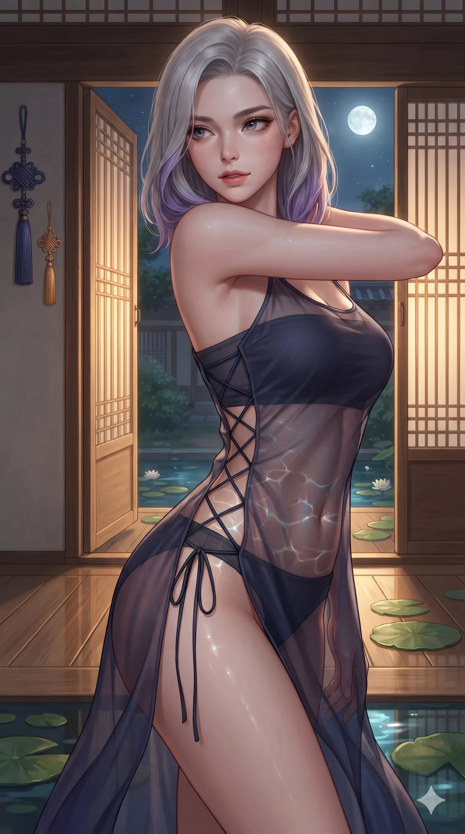 score_9, masterpiece, best quality, ultra-detailed, high-budget anime keyframe, editorial fashion photography, tasteful artistic composition, Caucasian woman. close-up cowboy shot from the waist and thighs up, the character dominates the composition, filling the frame with her large presence. twisting her slender torso in a deep contrapposto stance, hips dramatically shifted to accentuate her feminine curves while looking past her shoulder with smoldering bedroom-eyes while twisting her slender torso in an alluring contrapposto stance, shimmering water refractions from the lotus pool dancing across her flat midriff. The surrounding environment is rendered in vivid detail and crisp panoramic clarity: sharp polished timber floor reflections, traditional norigae knot silk weave, and floating water lily pad contours in deep focus. She has an exceptionally elegant, slender, and willowy female figure with an ultra-slim waist, flat toned midriff, narrow ribcage, and sculpted feminine hips creating an alluring, slim hourglass silhouette without bulk. sharp v-shaped jawline, high-bridge nose, sparkling eyes with hypnotic seductive depth, thick curled eyelashes, glossy parted lips with a natural dewy peach sheen, alluring bedroom-eyes with an enchanting coquettish smile, exuding magnetic siren charisma and sophisticated glamour, flawlessly proportioned anatomical accuracy, strict slender model proportions, natural body alignment, perfectly sculpted long slender limbs, ultra-slim waistline, clean dynamic posture without body distortion. wearing a delicately layered semi-sheer gossamer nobang hanbok slip dress revealing her sculpted silhouette over an opaque micro-bandeau and briefs in midnight indigo and glowing lantern topaz, crafted from delicate semi-sheer Korean gossamer organza with subtle pearlescent glints, featuring fine criss-cross lace-up side ties revealing tantalizing glimpses of her hip curve, the bespoke structured tailoring following the natural line of her 8.5-heads silhouette with refined elegance. bathed in soft celestial moonlight combined with warm golden light spilling through open veranda doors. ultra-reflective glossy finish, specular highlights, rich textural contrasts, high-contrast stereoscopic depth, volumetric dynamic lighting, 2k, ultra detail, master piece, 9:16 ratio