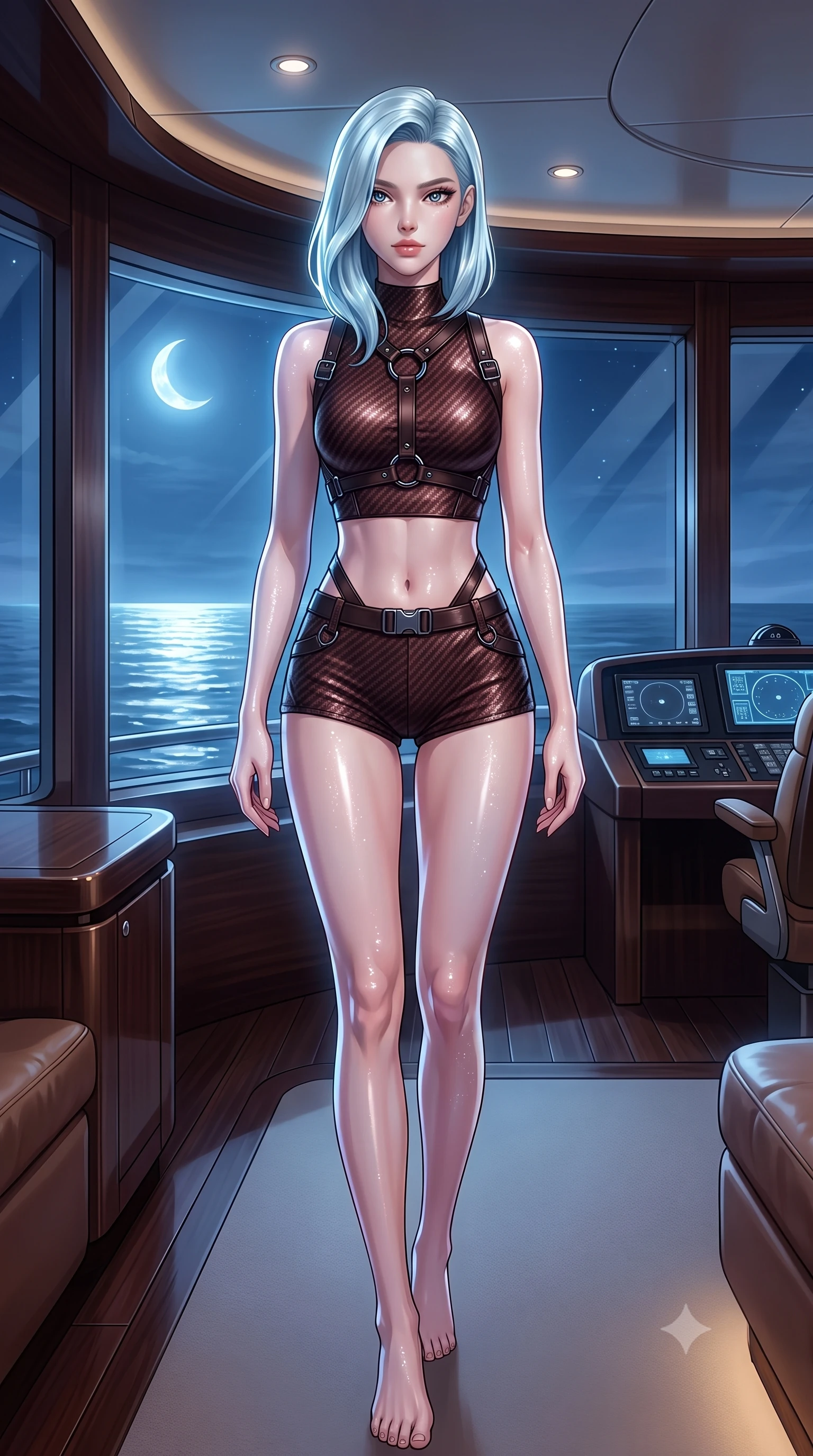 score_9, masterpiece, best quality, ultra-detailed, high-budget anime keyframe, editorial fashion photography, tasteful artistic composition, Korean woman. low angle full-body shot from head to toe showing her feet, filling the entire 9:16 vertical frame with her statuesque presence, stretching her vertical silhouette. stepping gracefully through the luxurious environment, stretching her statuesque silhouette, standing in the master suite of a private superyacht with panoramic ocean views, smooth skin finish sparkling under cold moonlight rim lighting. She has an absolutely perfect, statuesque 8.5-heads proportion, an exceptionally tall and slender model-like female figure with impossibly long slender legs and an ultra-slim waist. sharp v-shaped jawline, high-bridge nose, intricate jewel-like eyes with depth, thick eyelashes, glossy lips with a natural sheen. wearing high-cut micro-shorts and crop top set with dark leather harness in dark mahogany, made of matte carbon-fiber weave, accented with sculpted obsidian chrome rings at the waist, the fitted fabric emphasizing her ultra-slim waist. illuminated by cold silver moonlight rays and soft interior ocean reflections. highly saturated vibrant anime colors, detailed shading with soft gradients, rich glossy textures, high-contrast stereoscopic depth, volumetric dynamic lighting, master piece, 9:16 ratio