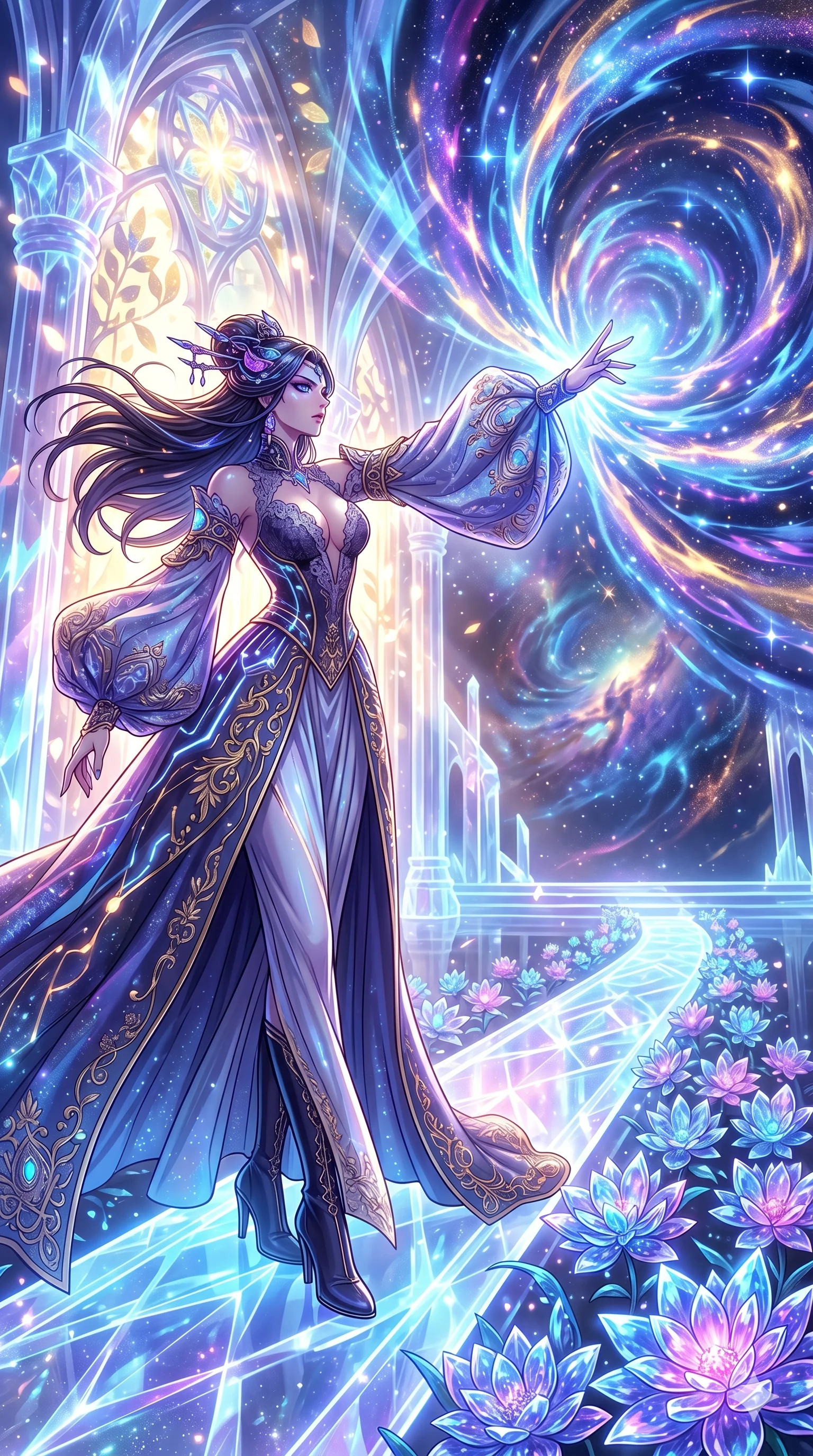 score_9, masterpiece, best quality, ultra-detailed, Set A: High-budget Anime Keyframe, Caucasian (human ears) woman. Low angle cowboy shot filling the entire 9:16 frame with her statuesque presence. Theme: Abstract Cosmic. unleashing a massive energy wave in a temple made of solid light, while she leaves a trail of 46 blooming crystal flowers. The atmosphere is filled with cinematic sunlight through leaves. She has an absolutely perfect 8-heads proportion, an exceptionally tall and slender female figure with impossibly long slender legs and an ultra-slim waist. Sharp v-shaped jawline, high-bridge nose, intricate jewel-like eyes with depth, glossy lips. Wearing Futuristic court-lady gown with massive sleeves and a deep-cut lace bodice. Cinematic lighting, vivid colors, dramatic shadows, 2k, ultra detail, master piece, 9:16 ratio