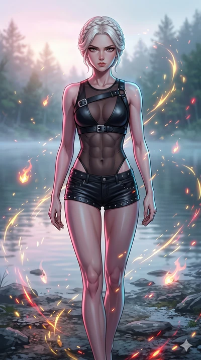 score_9, masterpiece, best quality, ultra-detailed, Set A: High-budget Anime Keyframe, Korean woman. Upper body close-up from the thighs up, character filling the screen for maximum presence. Walking gracefully through a misty lakeside at dawn, with 
